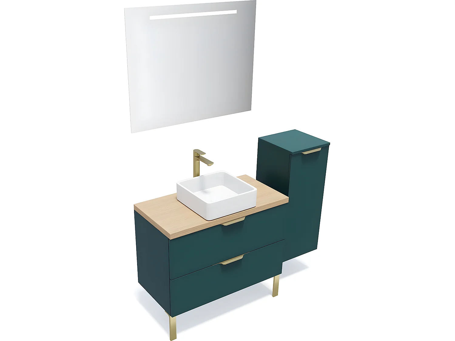 Meuble de salle de bain suspendu vasque à poser 90cm 2 tiroirs Bleu + miroir + colonne ouverture droite - Venice