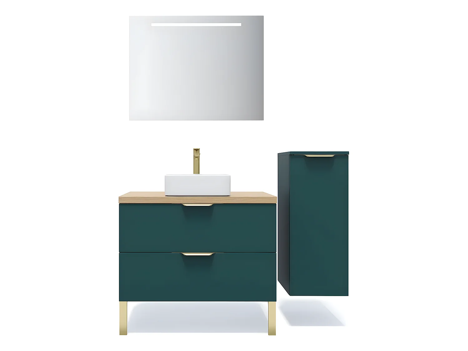 Meuble de salle de bain suspendu vasque à poser 90cm 2 tiroirs Bleu + miroir + colonne ouverture droite - Venice