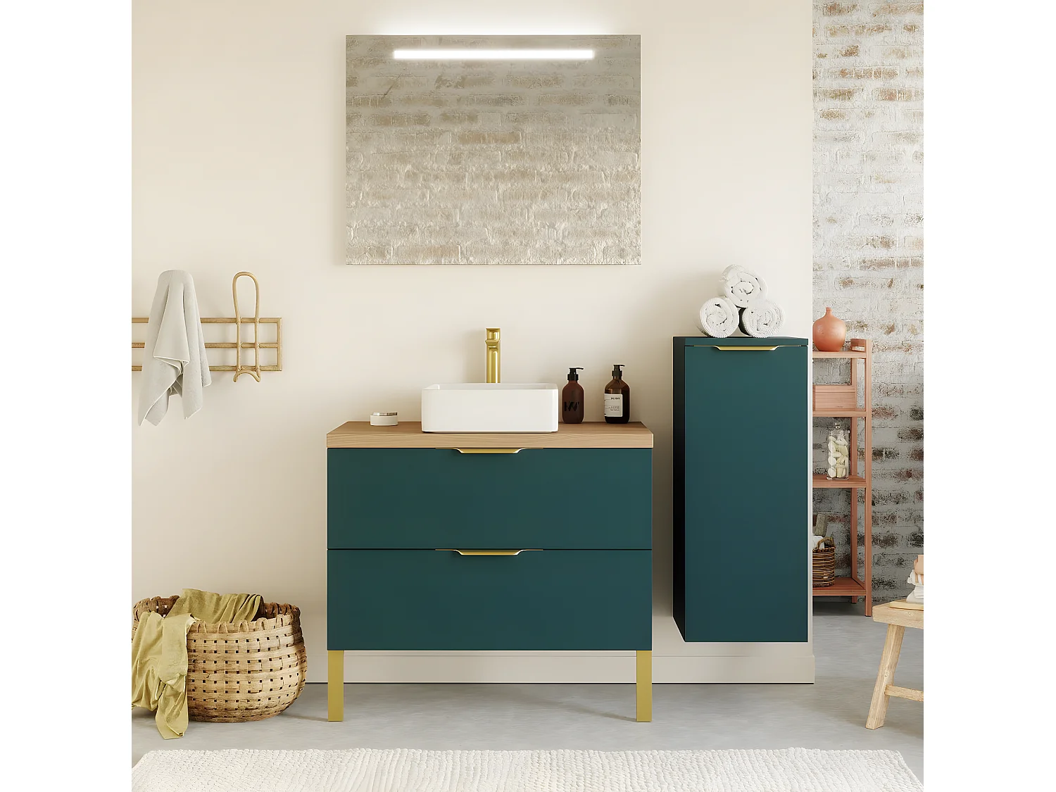 Meuble de salle de bain suspendu vasque à poser 90cm 2 tiroirs Bleu + miroir + colonne ouverture droite - Venice