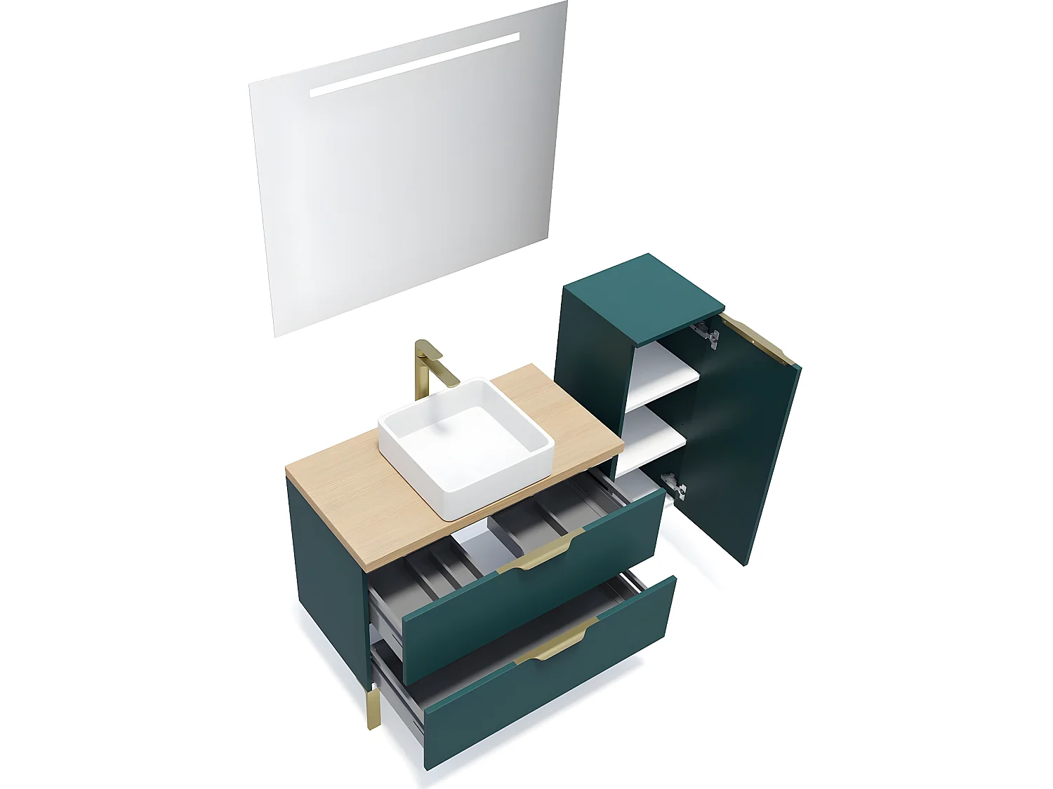 Meuble de salle de bain suspendu vasque à poser 90cm 2 tiroirs Bleu + miroir + colonne ouverture droite - Venice