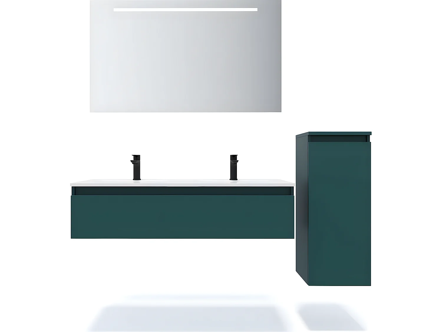 Meuble de salle de bain suspendu double vasque intégrée 120cm 1 tiroir Bleu + miroir + colonne ouverture droite - Hudson