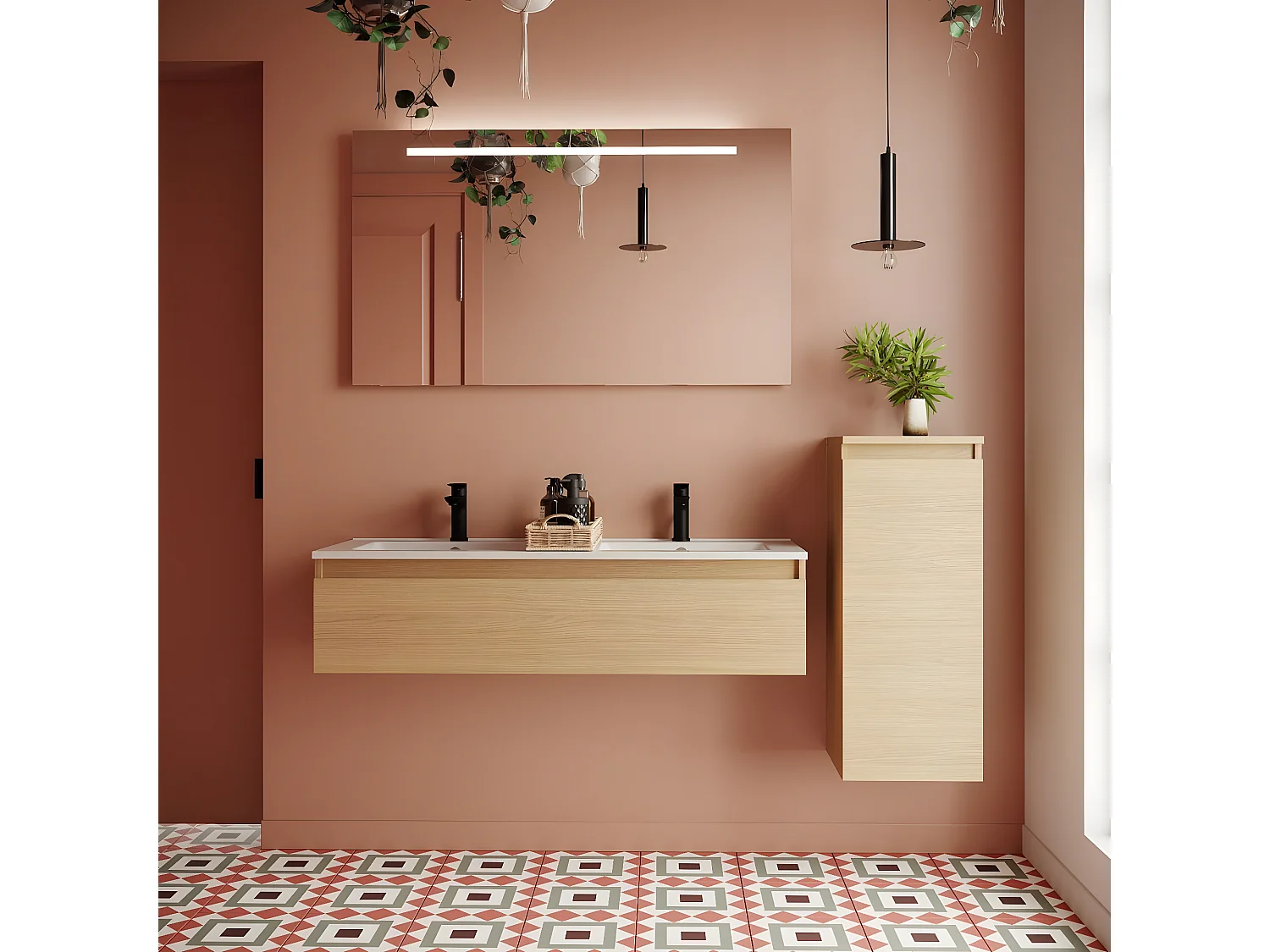 Meuble de salle de bain suspendu double vasque intégrée 120cm 1 tiroir Chêne clair + miroir + colonne ouverture droite - Hudson
