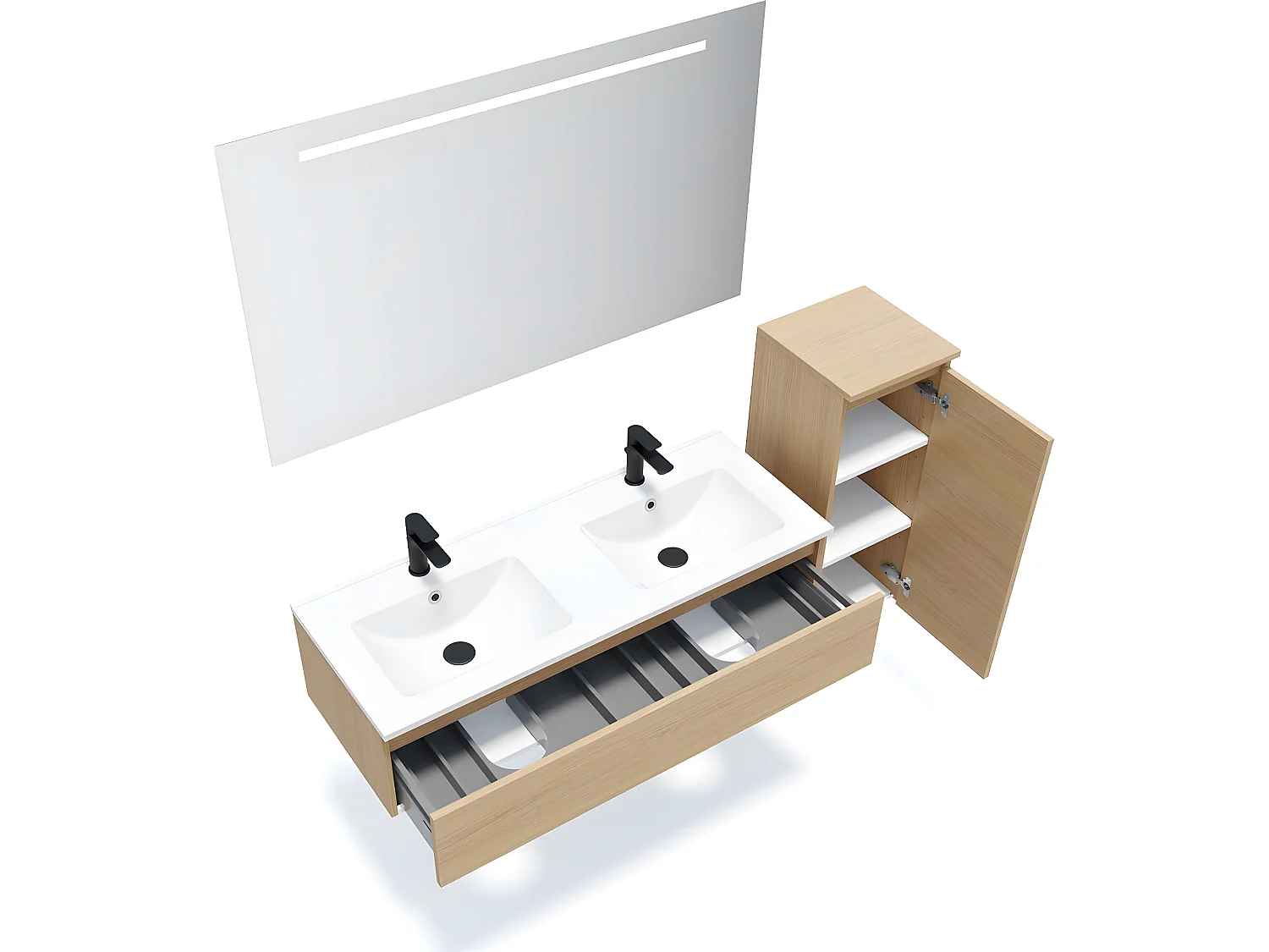 Meuble de salle de bain suspendu double vasque intégrée 120cm 1 tiroir Chêne clair + miroir + colonne ouverture droite - Hudson