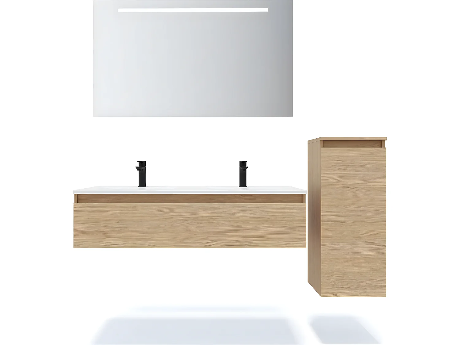 Meuble de salle de bain suspendu double vasque intégrée 120cm 1 tiroir Chêne clair + miroir + colonne ouverture droite - Hudson