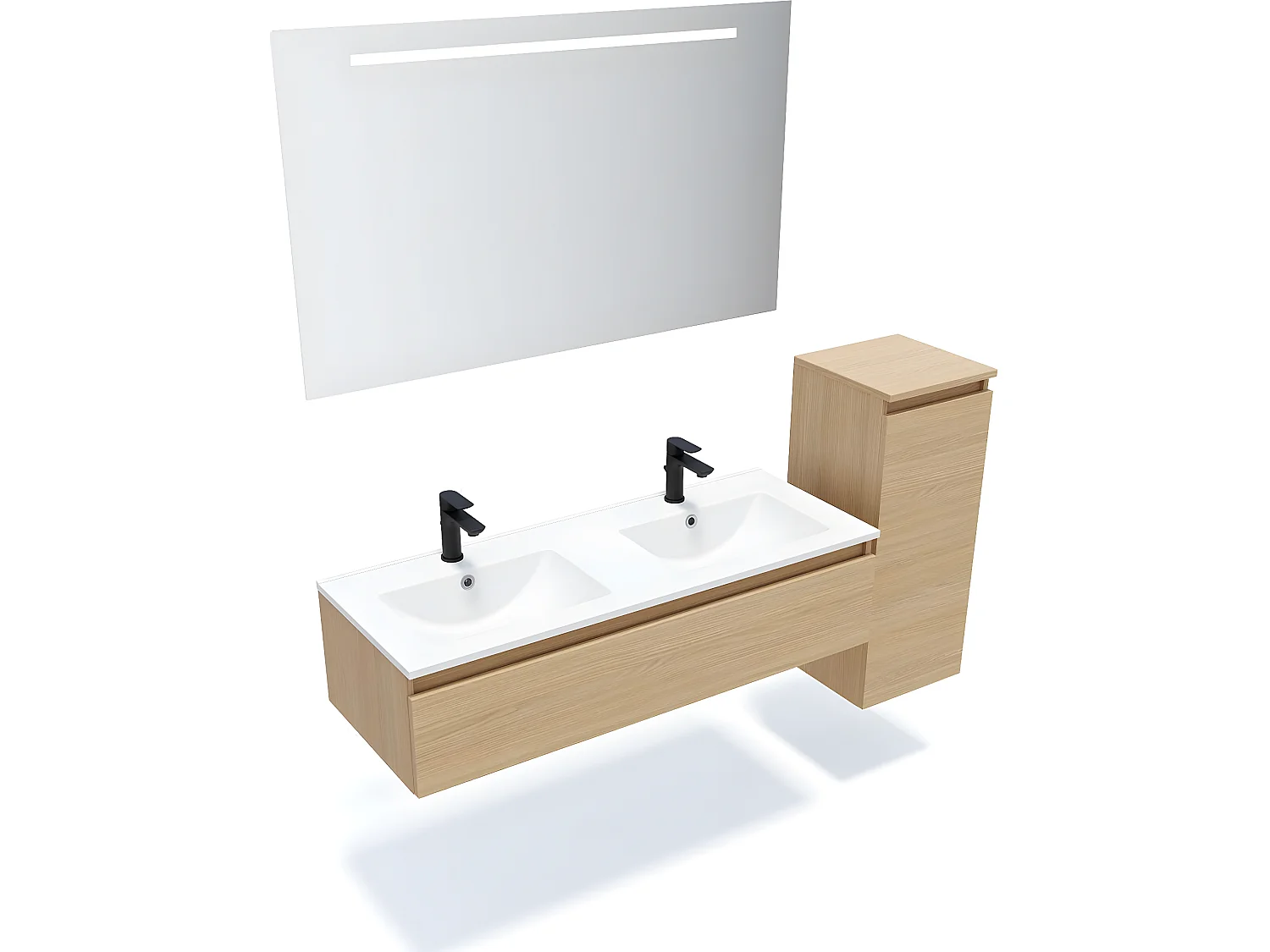 Meuble de salle de bain suspendu double vasque intégrée 120cm 1 tiroir Chêne clair + miroir + colonne ouverture droite - Hudson