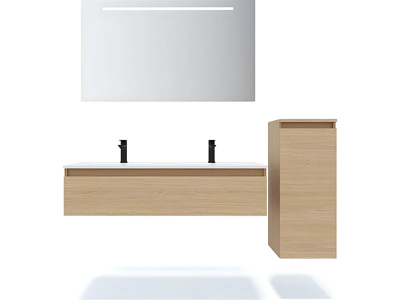 Meuble de salle de bain suspendu double vasque intégrée 120cm 1 tiroir Chêne clair + miroir + colonne ouverture droite - Hudson