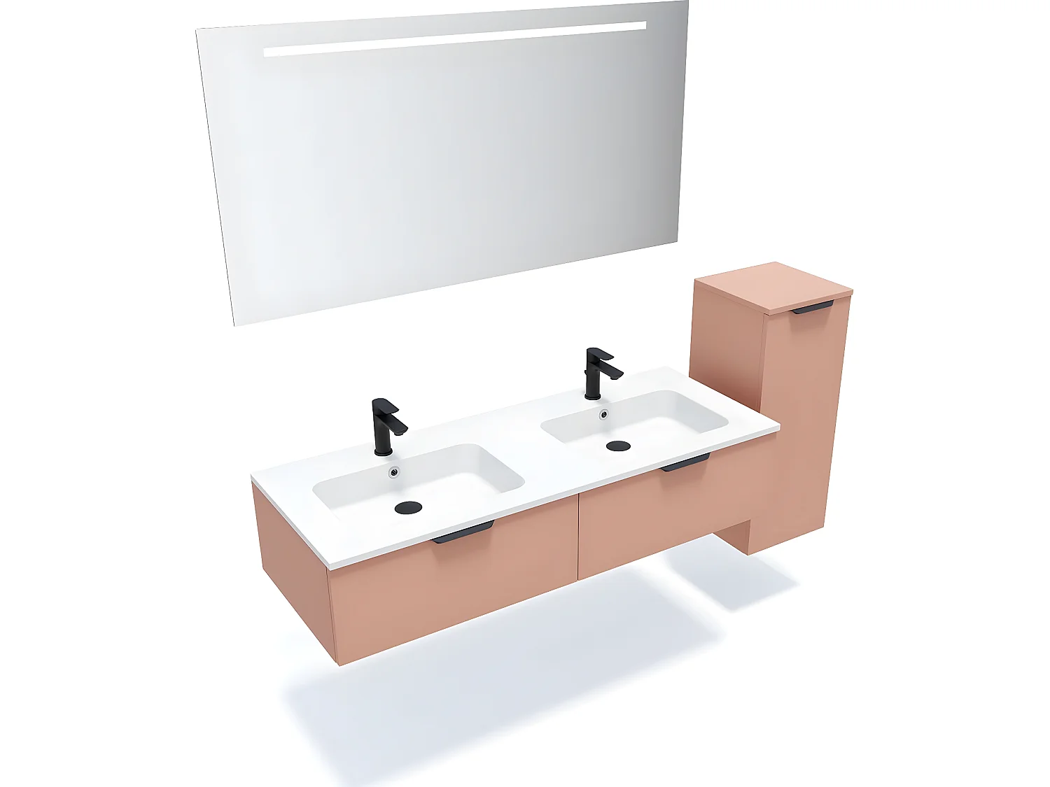 Meuble de salle de bain suspendu double vasque intégrée 140cm 2 tiroirs Abricot + miroir + colonne ouverture droite - Soho