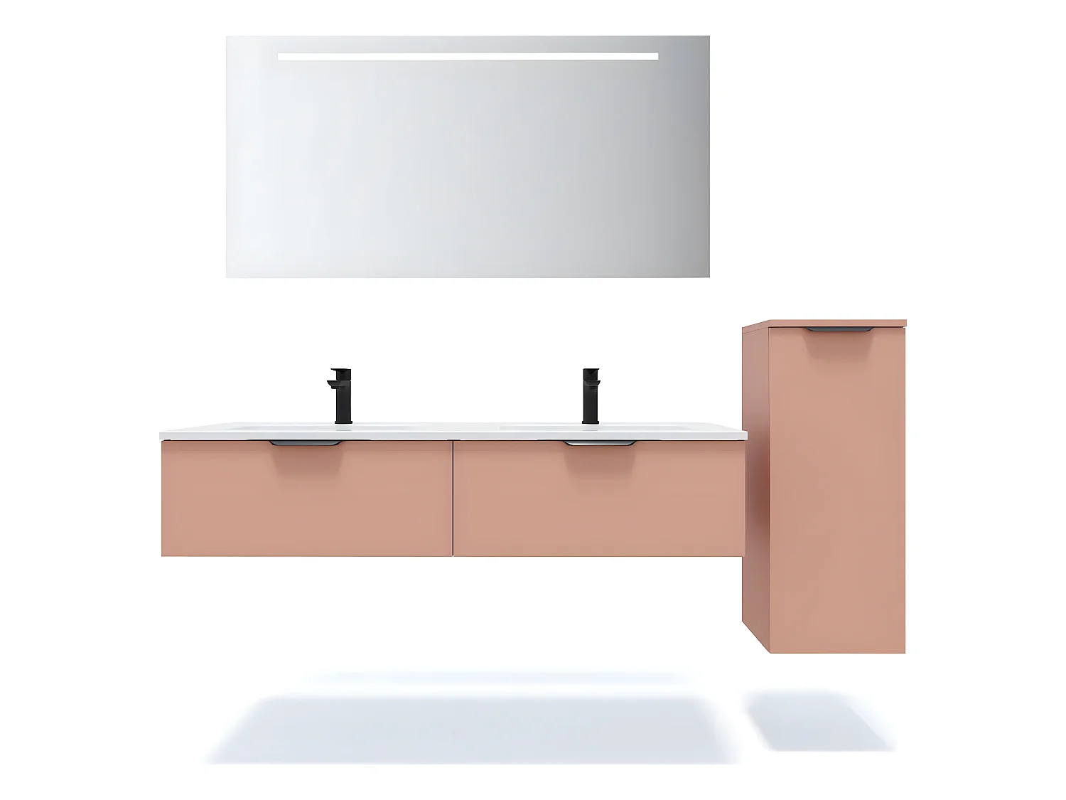 Meuble de salle de bain suspendu double vasque intégrée 140cm 2 tiroirs Abricot + miroir + colonne ouverture droite - Soho