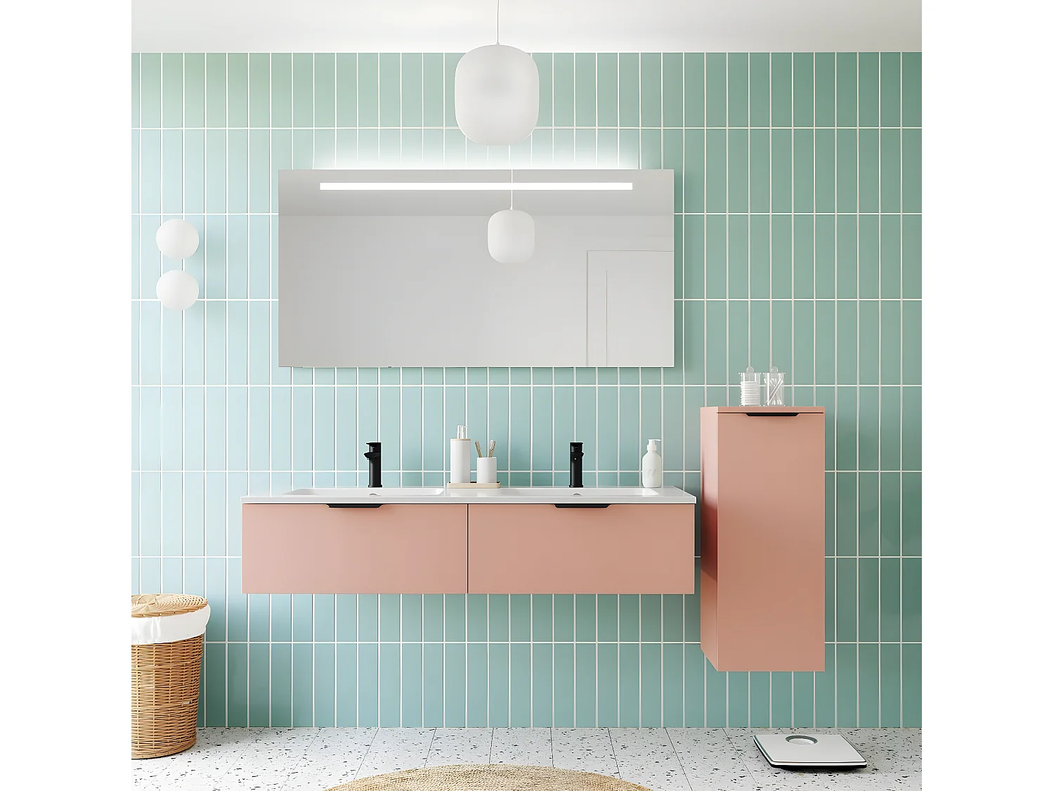 Meuble de salle de bain suspendu double vasque intégrée 140cm 2 tiroirs Abricot + miroir + colonne ouverture droite - Soho
