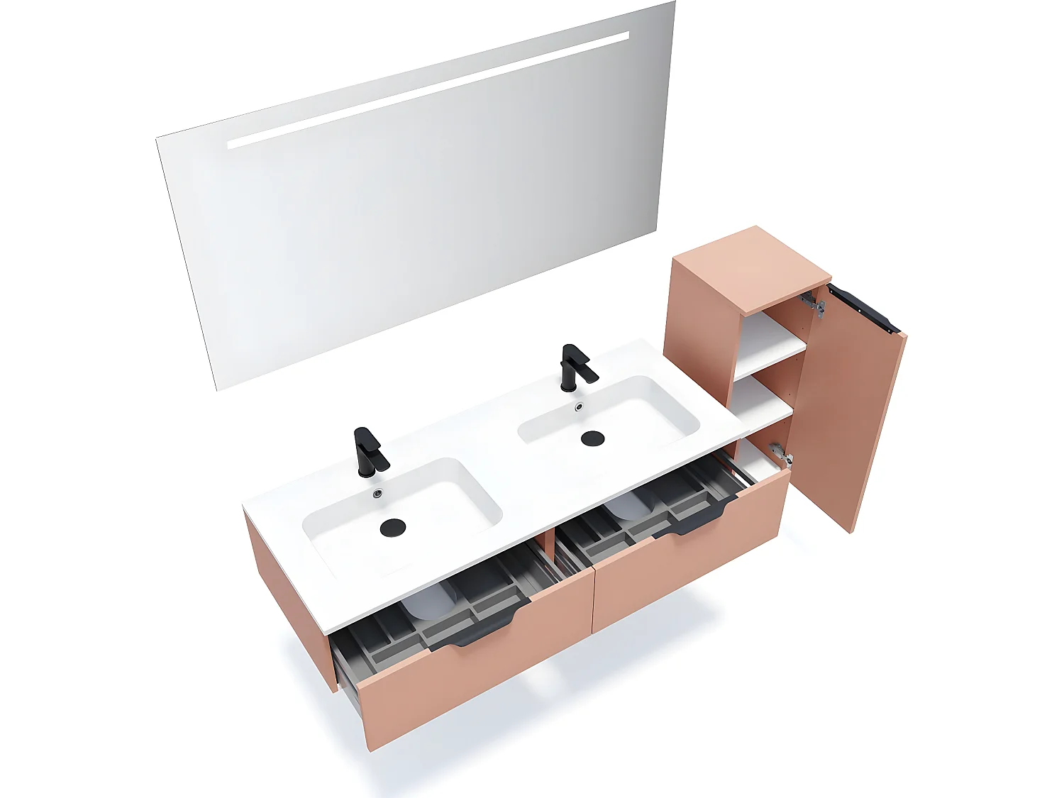 Meuble de salle de bain suspendu double vasque intégrée 140cm 2 tiroirs Abricot + miroir + colonne ouverture droite - Soho