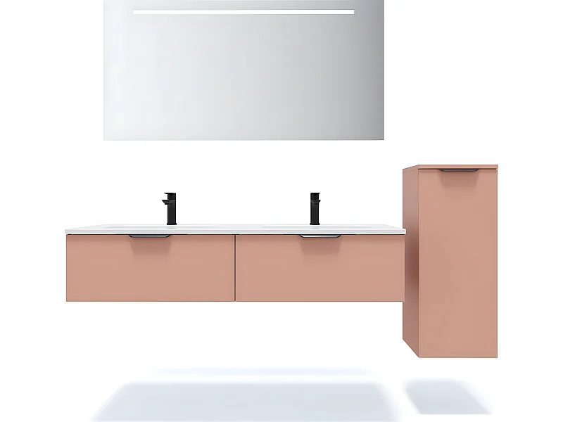 Meuble de salle de bain suspendu double vasque intégrée 140cm 2 tiroirs Abricot + miroir + colonne ouverture droite - Soho