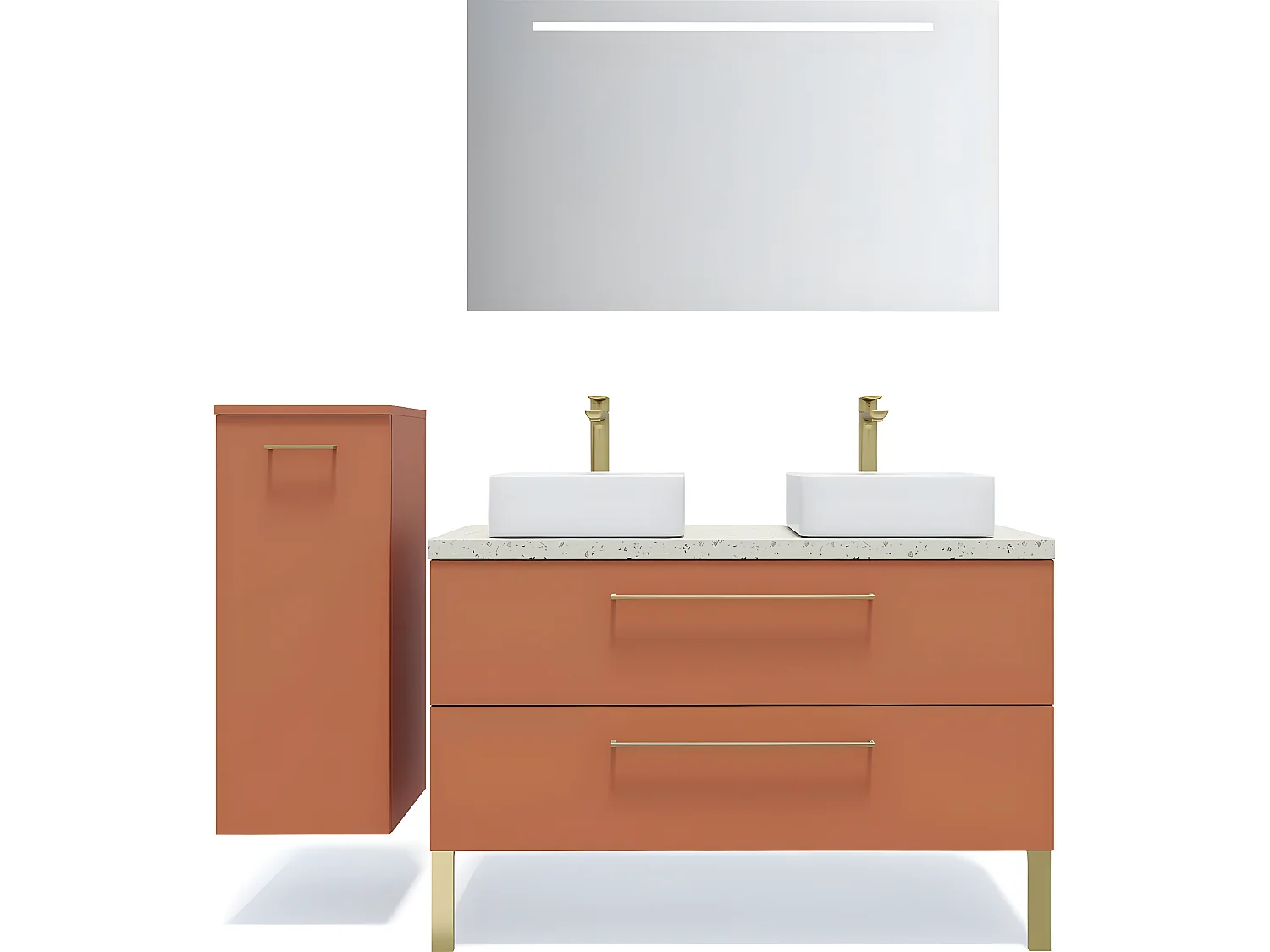Meuble de salle de bain suspendu 2 vasques à poser 120cm 2 tiroirs Terracotta + miroir + colonne ouverture gauche - Glasgow