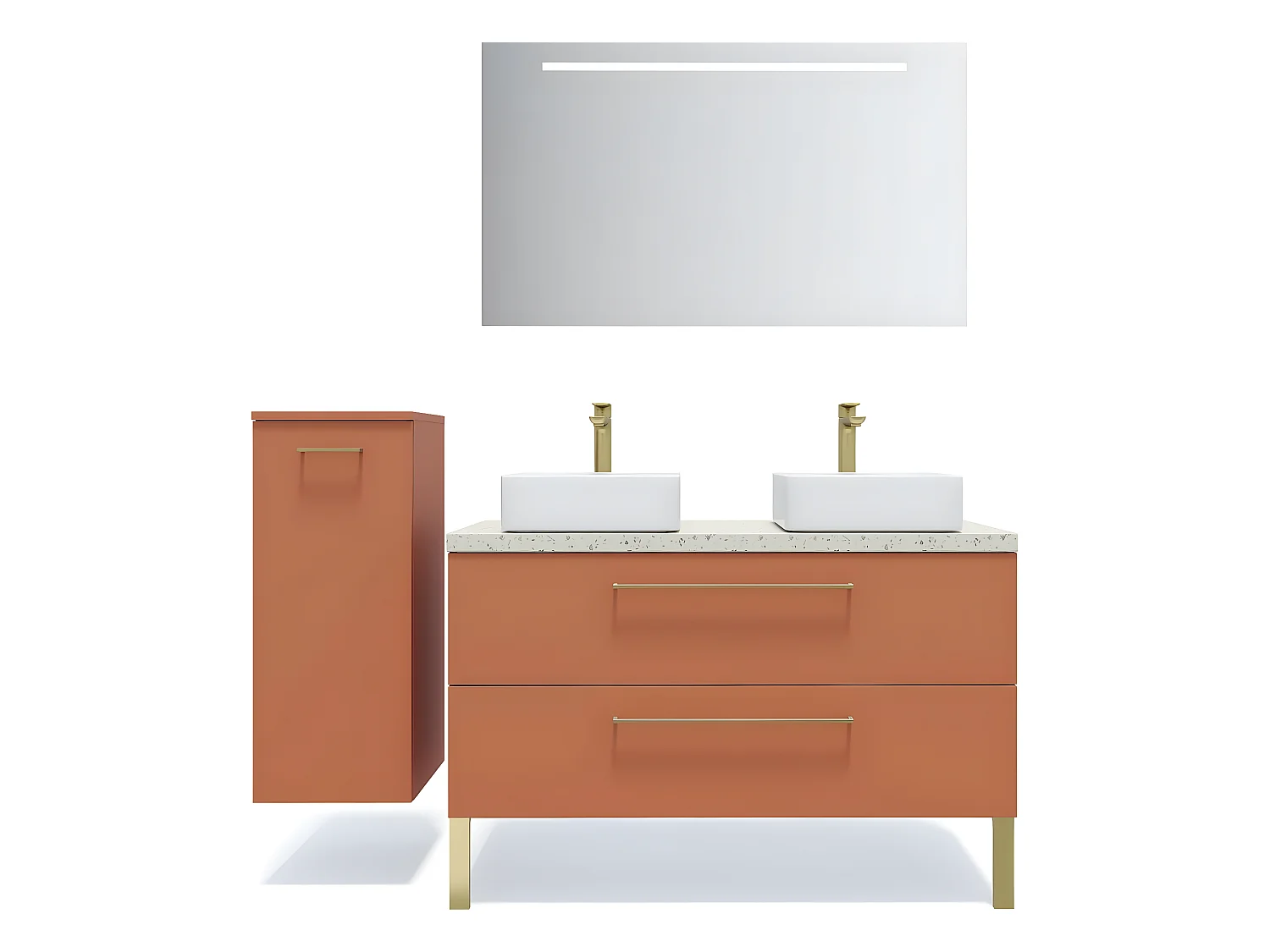Meuble de salle de bain suspendu 2 vasques à poser 120cm 2 tiroirs Terracotta + miroir + colonne ouverture gauche - Glasgow