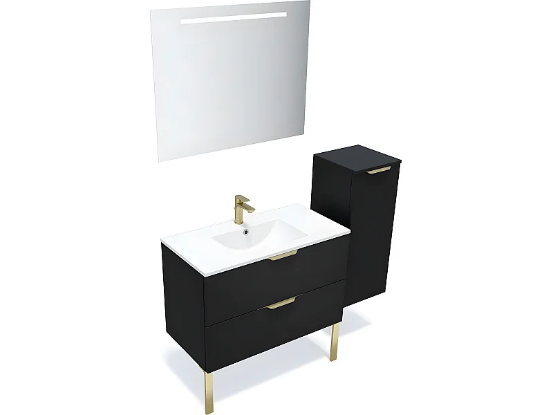 Meuble de salle de bain suspendu vasque intégrée 90cm 2 tiroirs Noir + miroir + colonne ouverture droite - Venice