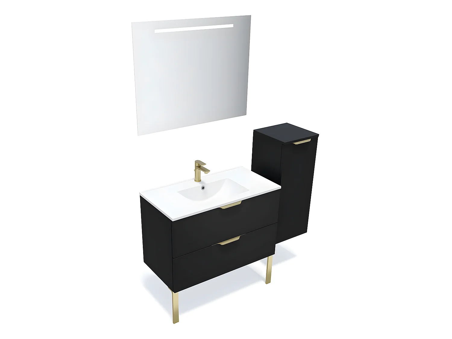 Meuble de salle de bain suspendu vasque intégrée 90cm 2 tiroirs Noir + miroir + colonne ouverture droite - Venice