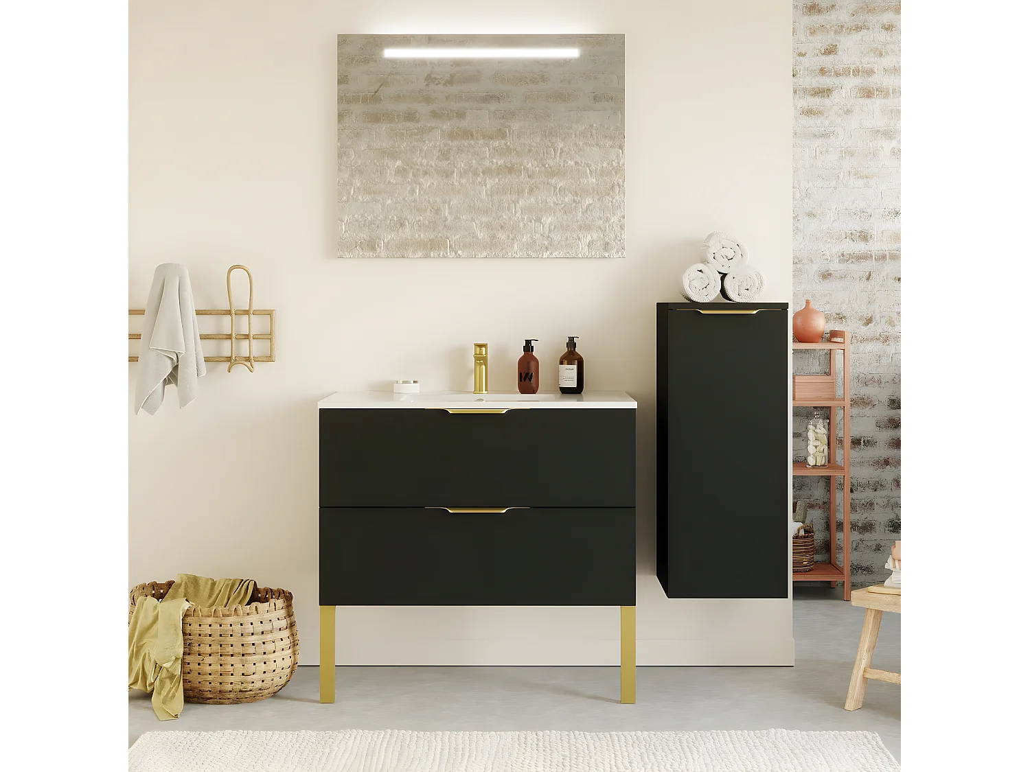 Meuble de salle de bain suspendu vasque intégrée 90cm 2 tiroirs Noir + miroir + colonne ouverture droite - Venice