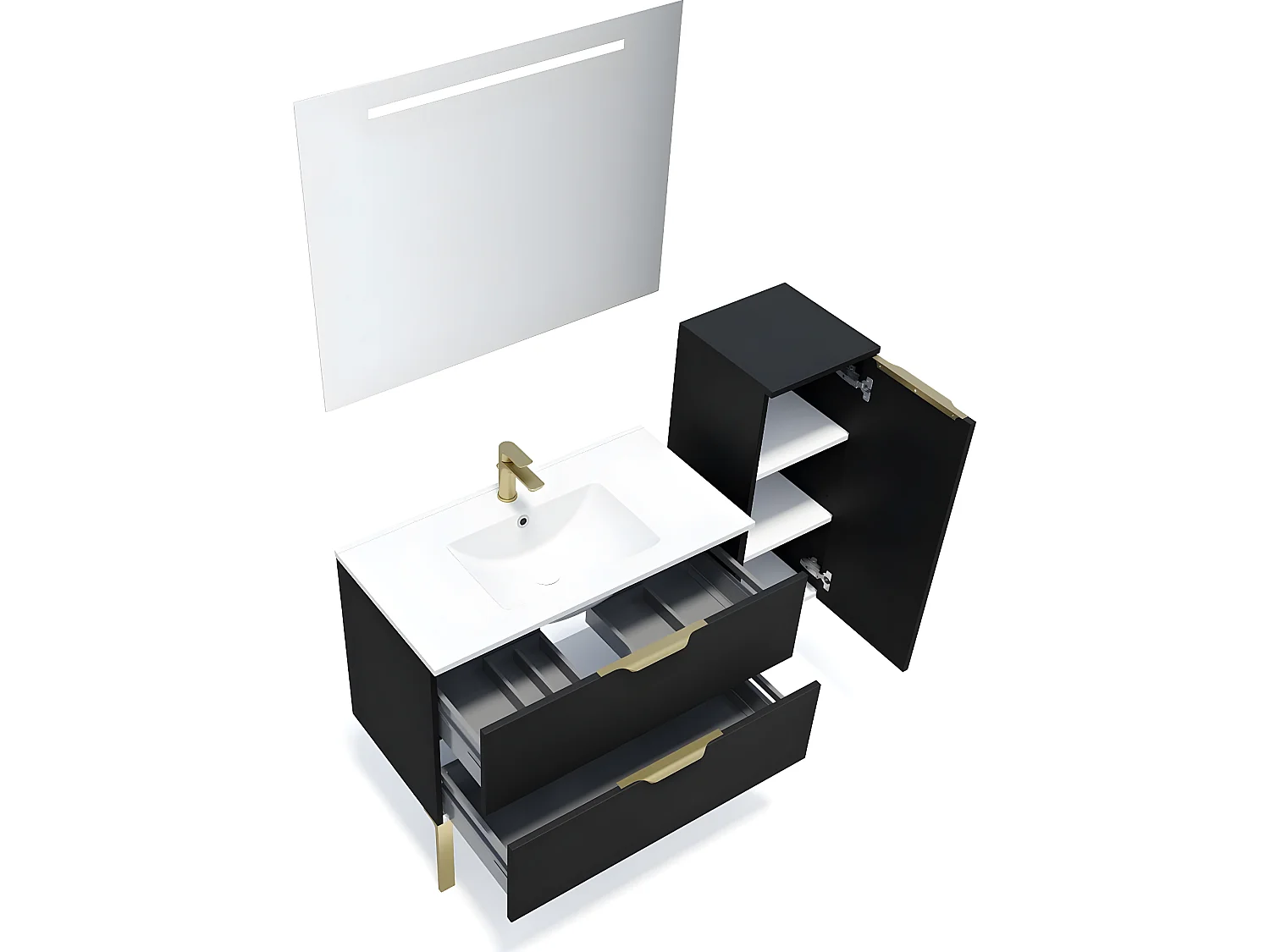 Meuble de salle de bain suspendu vasque intégrée 90cm 2 tiroirs Noir + miroir + colonne ouverture droite - Venice