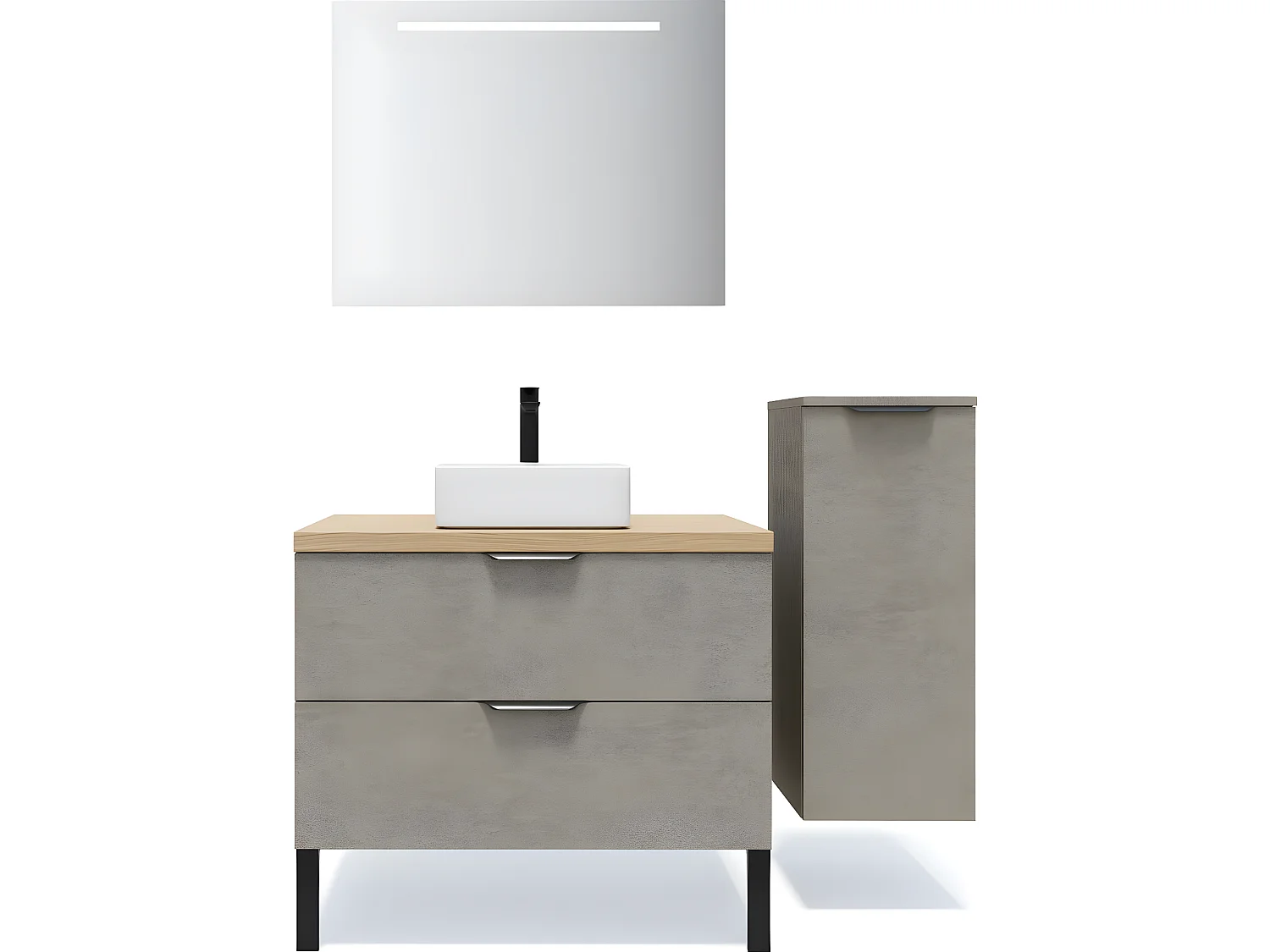 Meuble de salle de bain suspendu vasque à poser 90cm 2 tiroirs façon Béton + miroir + colonne ouverture droite - Soho