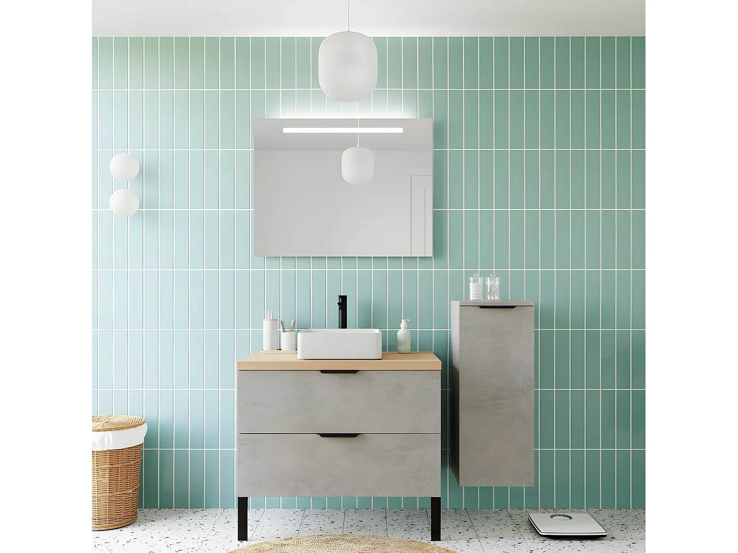 Meuble de salle de bain suspendu vasque à poser 90cm 2 tiroirs façon Béton + miroir + colonne ouverture droite - Soho