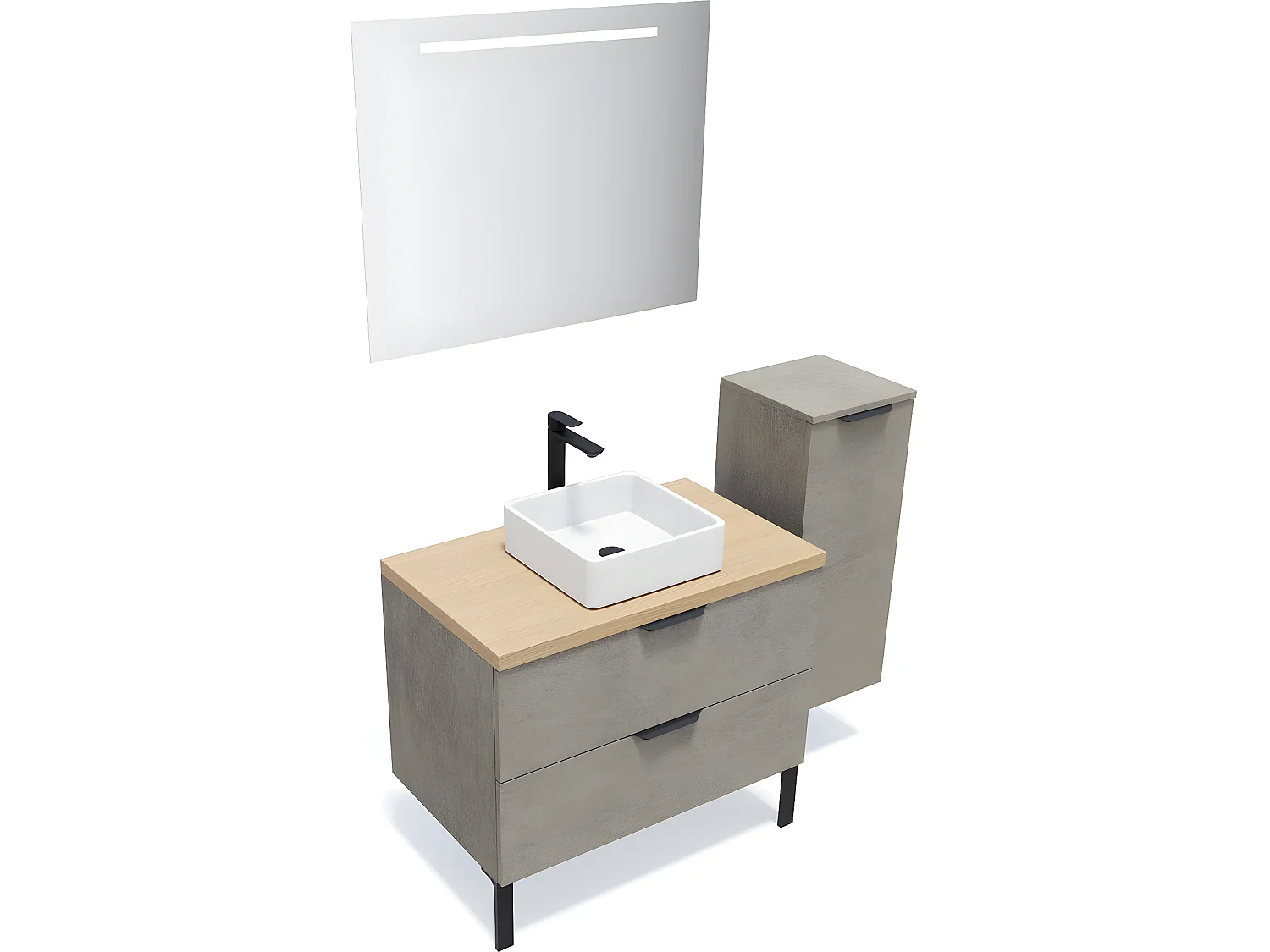 Meuble de salle de bain suspendu vasque à poser 90cm 2 tiroirs façon Béton + miroir + colonne ouverture droite - Soho