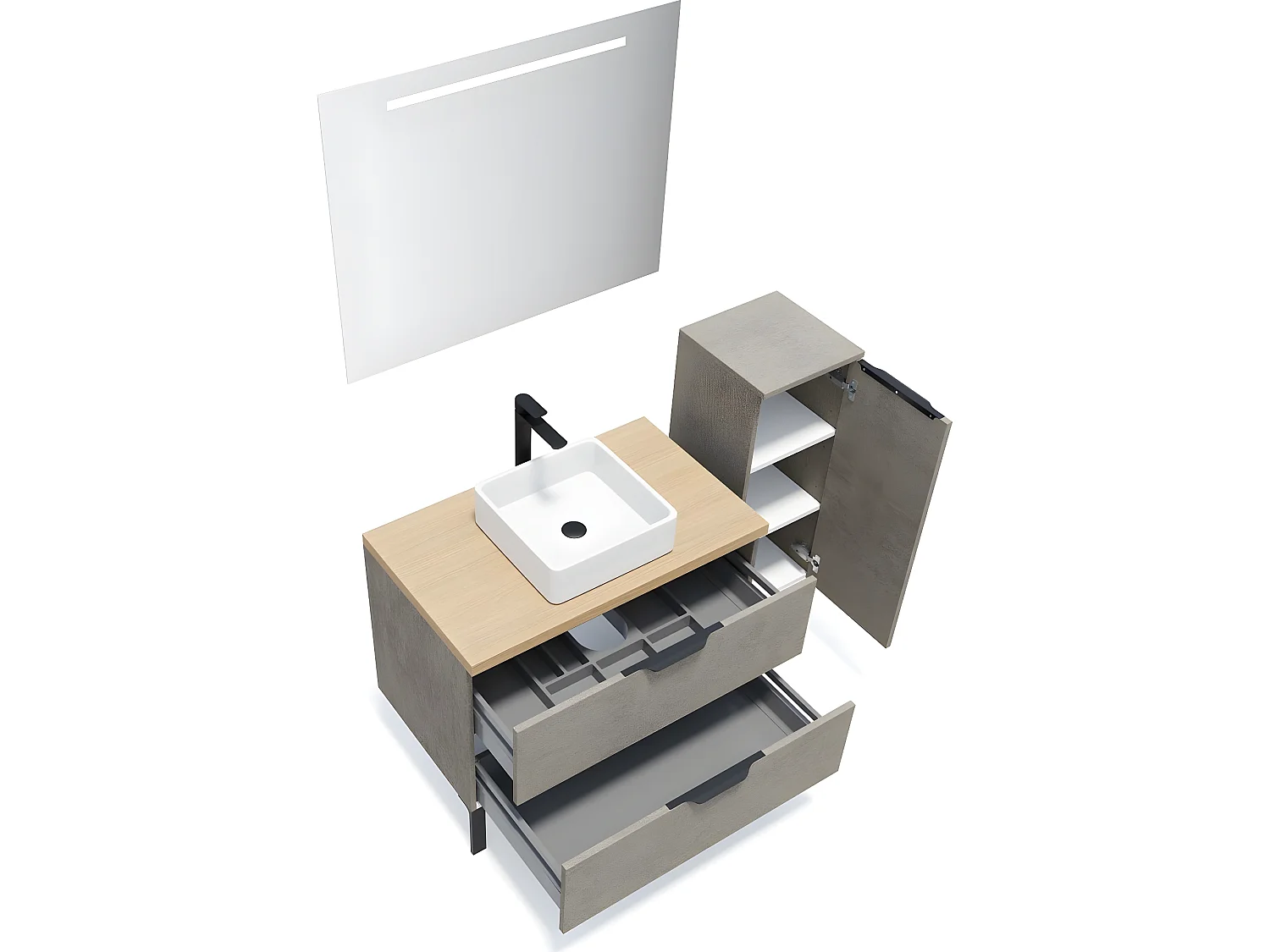 Meuble de salle de bain suspendu vasque à poser 90cm 2 tiroirs façon Béton + miroir + colonne ouverture droite - Soho