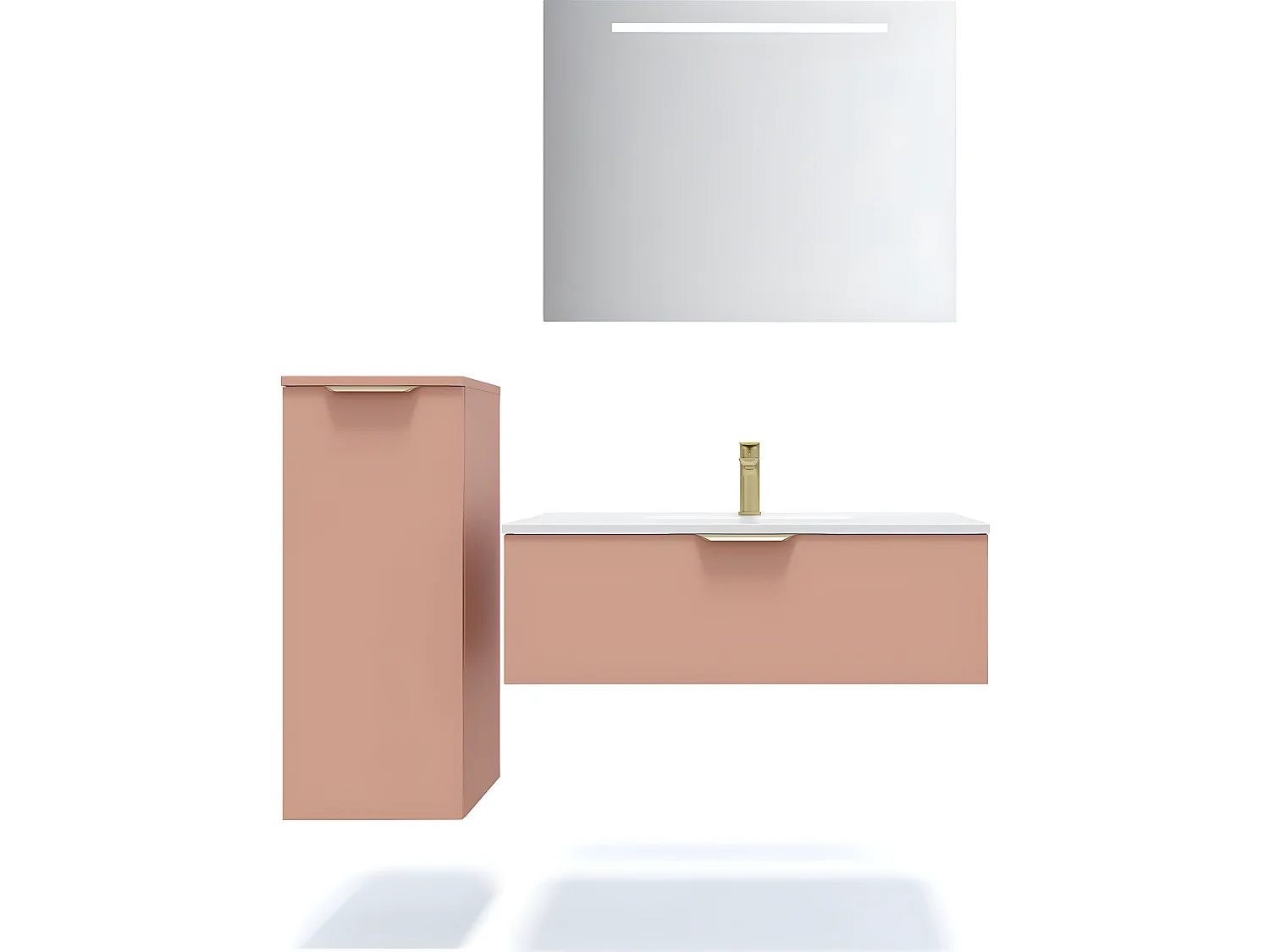 Meuble de salle de bain suspendu vasque intégrée 90cm 1 tiroir Abricot + miroir + colonne ouverture gauche - Venice