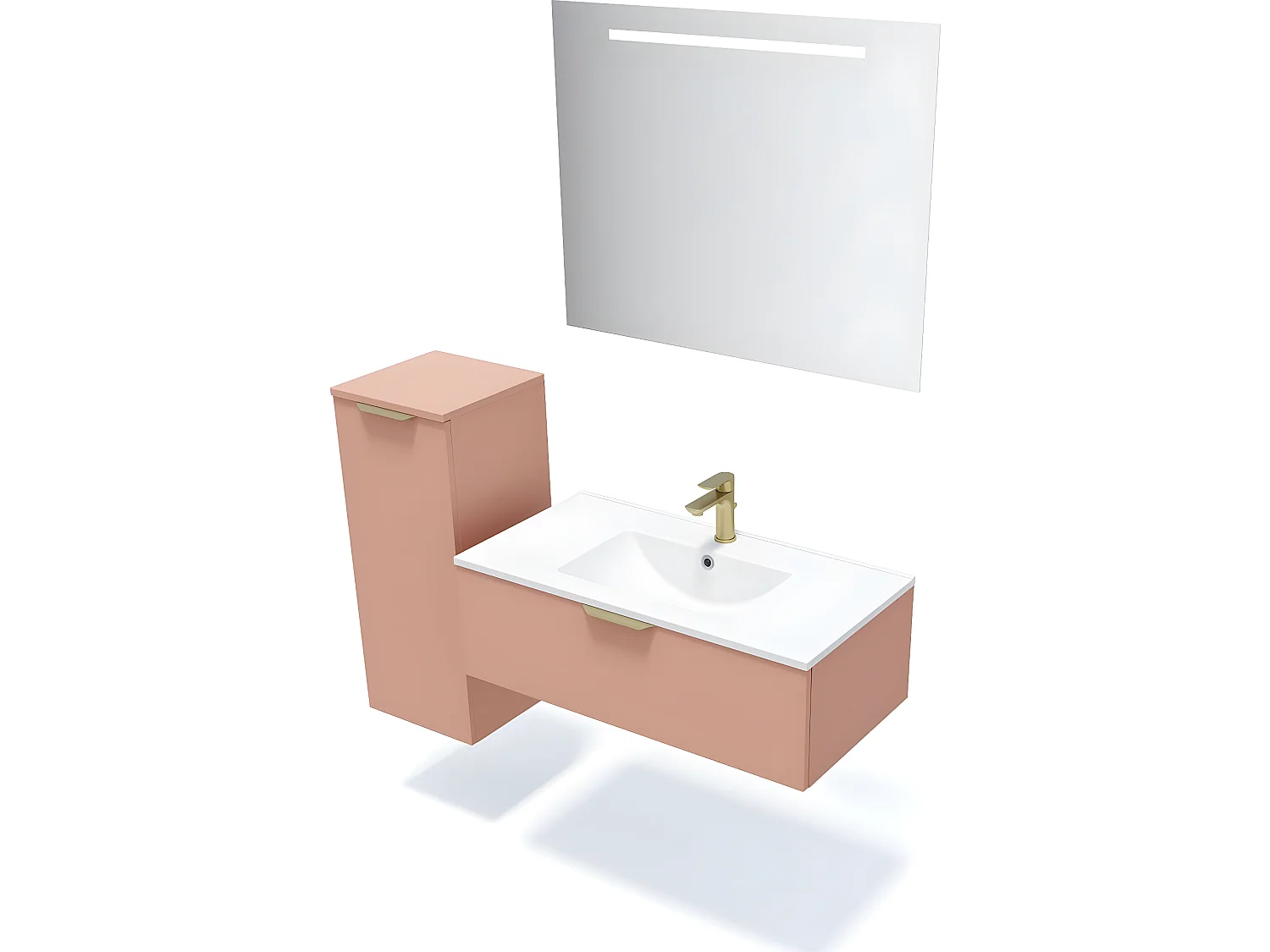 Meuble de salle de bain suspendu vasque intégrée 90cm 1 tiroir Abricot + miroir + colonne ouverture gauche - Venice