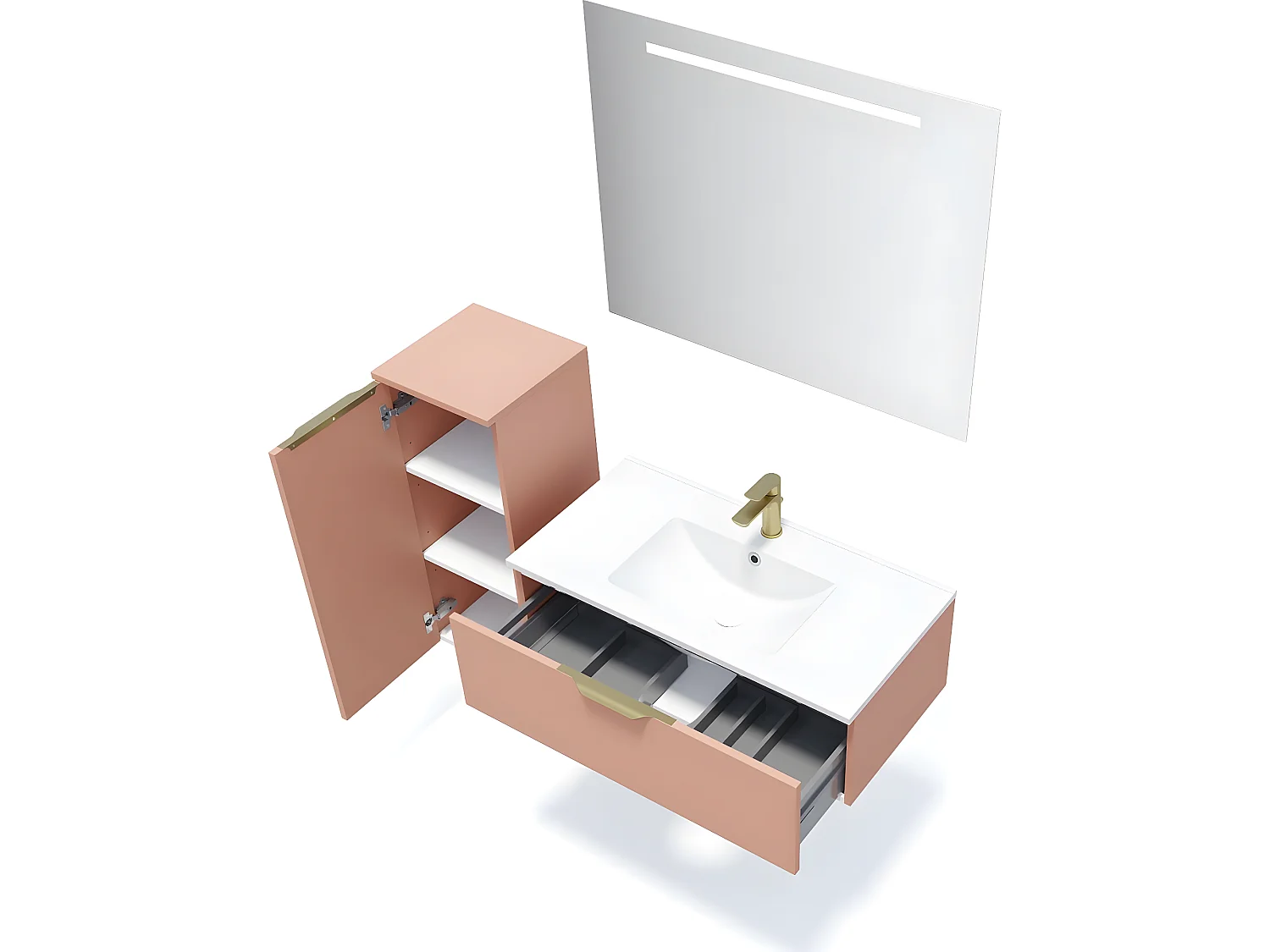 Meuble de salle de bain suspendu vasque intégrée 90cm 1 tiroir Abricot + miroir + colonne ouverture gauche - Venice