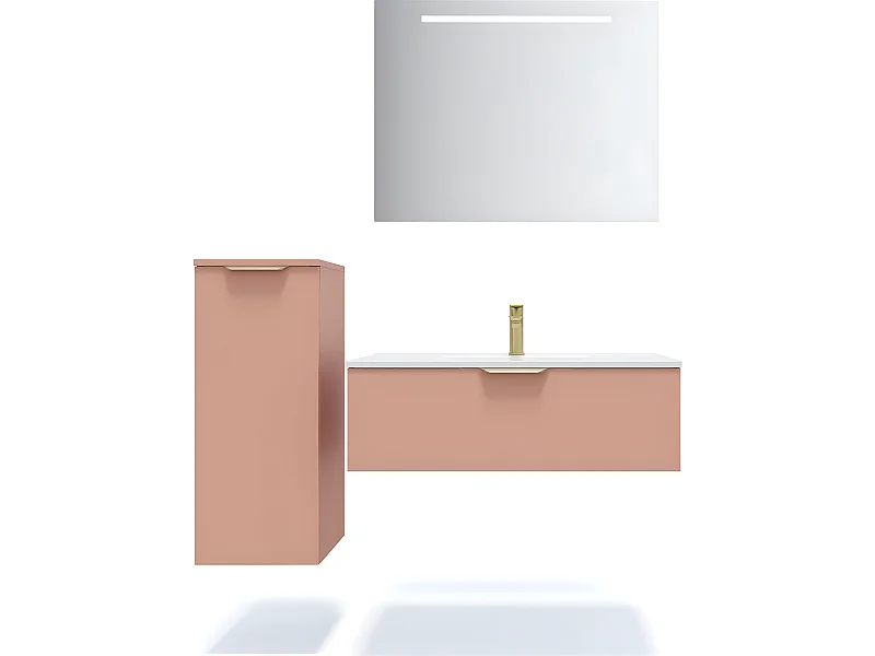 Meuble de salle de bain suspendu vasque intégrée 90cm 1 tiroir Abricot + miroir + colonne ouverture gauche - Venice
