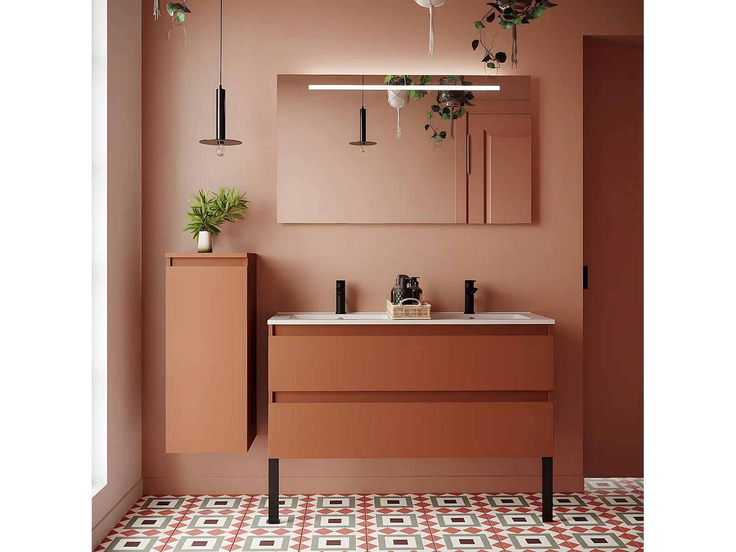 Meuble de salle de bain suspendu double vasque intégrée 120cm 2 tiroirs Terracotta + miroir + colonne ouverture gauche - Hudson