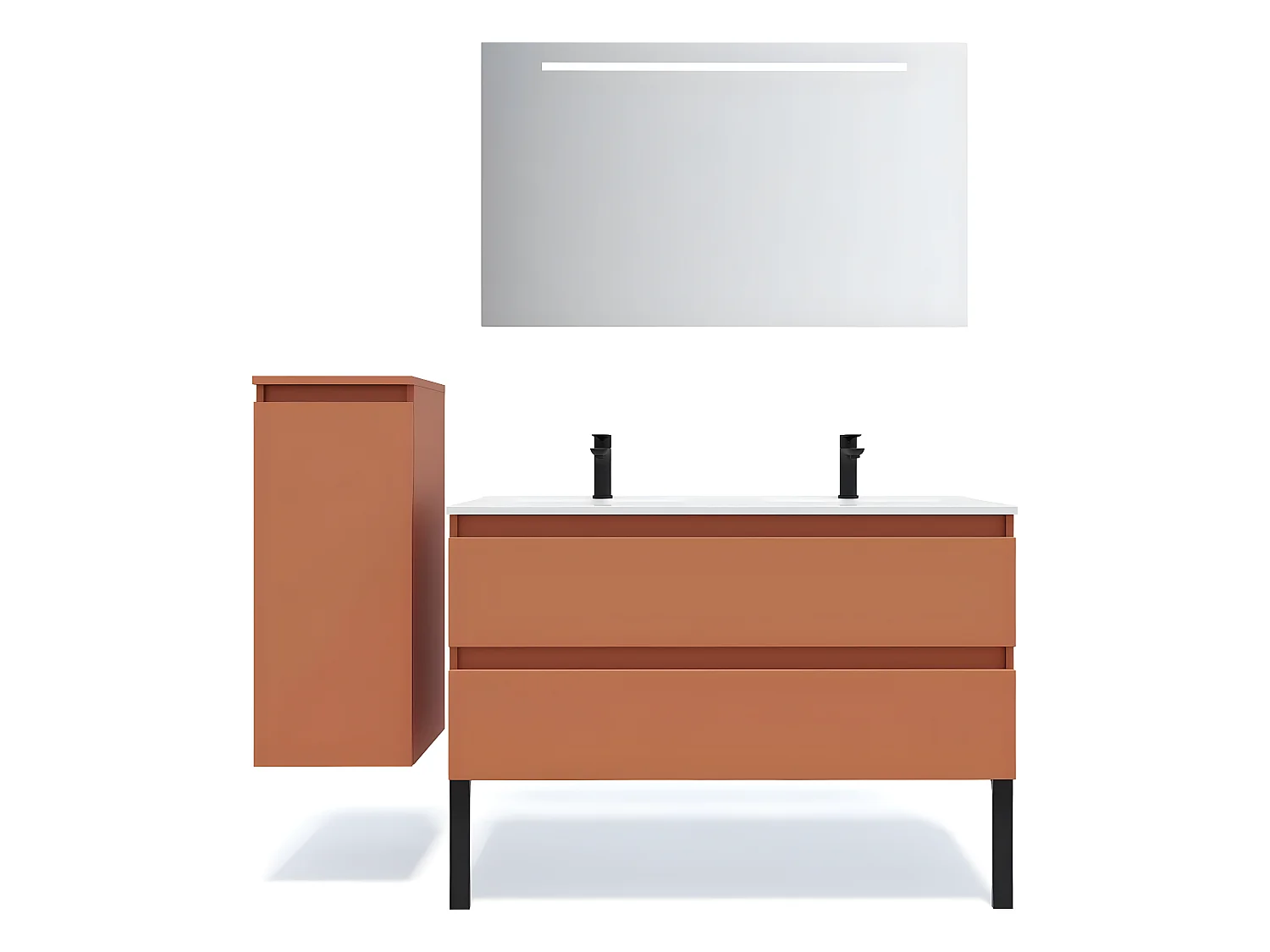 Meuble de salle de bain suspendu double vasque intégrée 120cm 2 tiroirs Terracotta + miroir + colonne ouverture gauche - Hudson