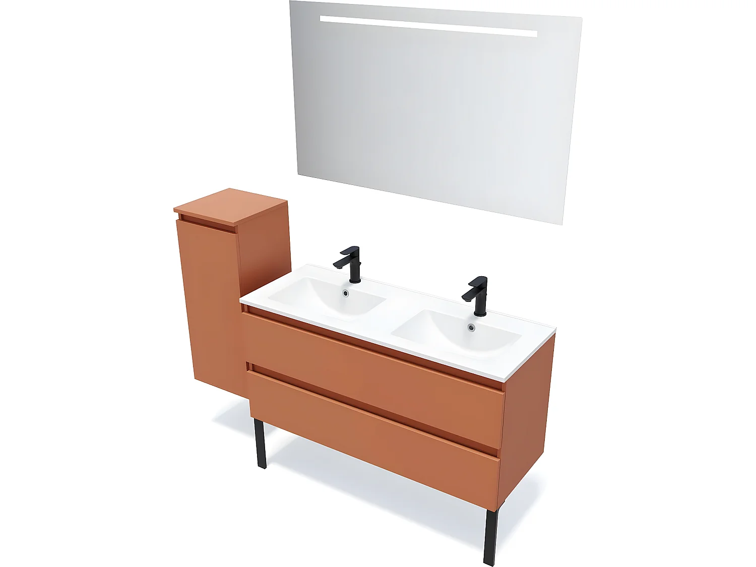 Meuble de salle de bain suspendu double vasque intégrée 120cm 2 tiroirs Terracotta + miroir + colonne ouverture gauche - Hudson
