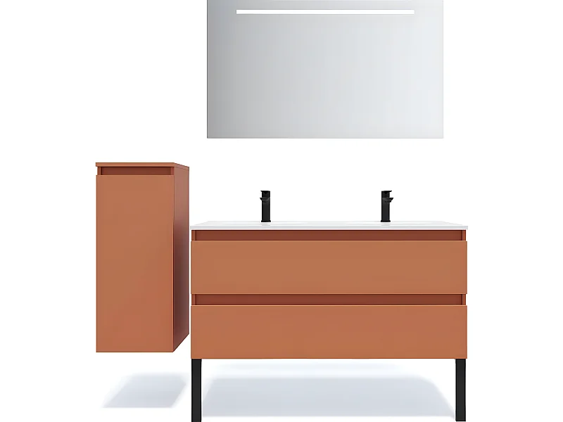 Meuble de salle de bain suspendu double vasque intégrée 120cm 2 tiroirs Terracotta + miroir + colonne ouverture gauche - Hudson