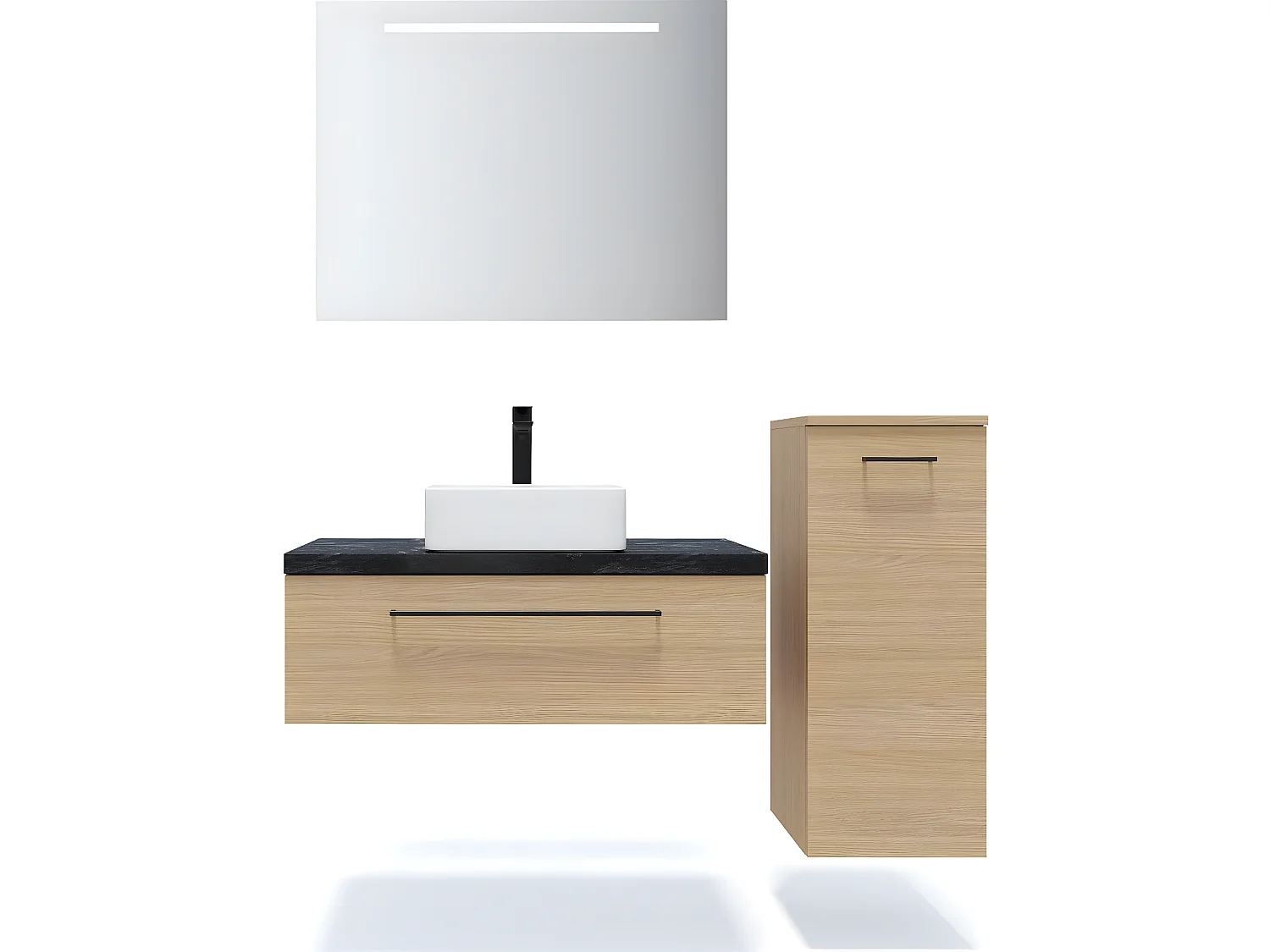 Meuble de salle de bain suspendu vasque à poser 90cm 1 tiroir Chêne clair + miroir + colonne ouverture droite - Glasgow