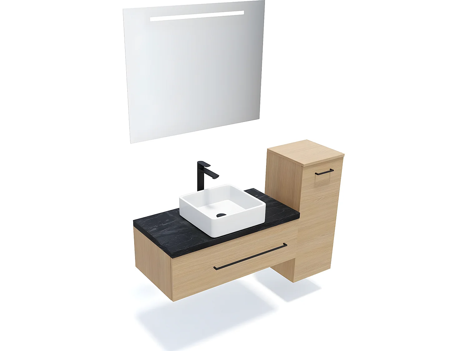 Meuble de salle de bain suspendu vasque à poser 90cm 1 tiroir Chêne clair + miroir + colonne ouverture droite - Glasgow