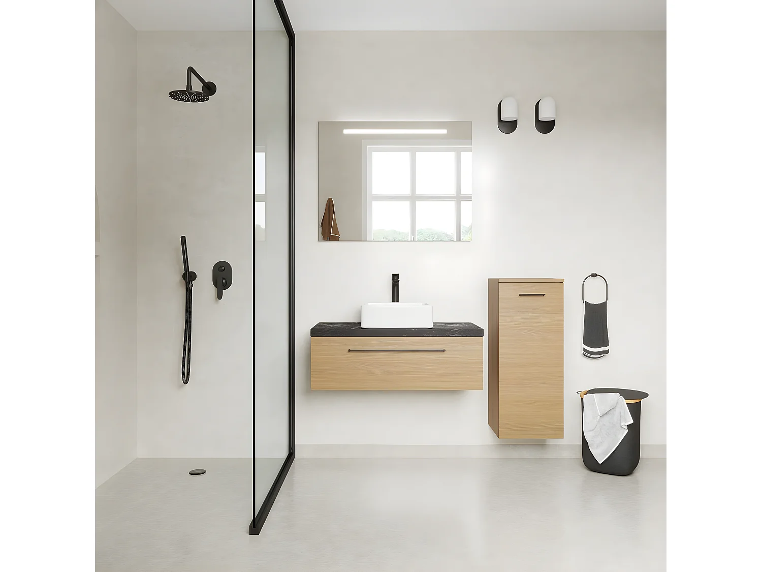 Meuble de salle de bain suspendu vasque à poser 90cm 1 tiroir Chêne clair + miroir + colonne ouverture droite - Glasgow