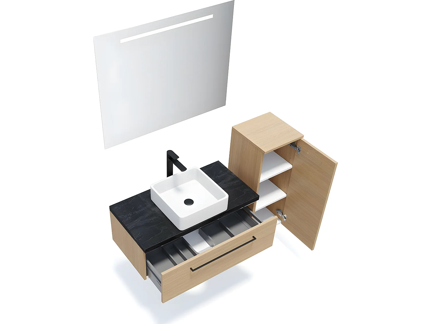 Meuble de salle de bain suspendu vasque à poser 90cm 1 tiroir Chêne clair + miroir + colonne ouverture droite - Glasgow