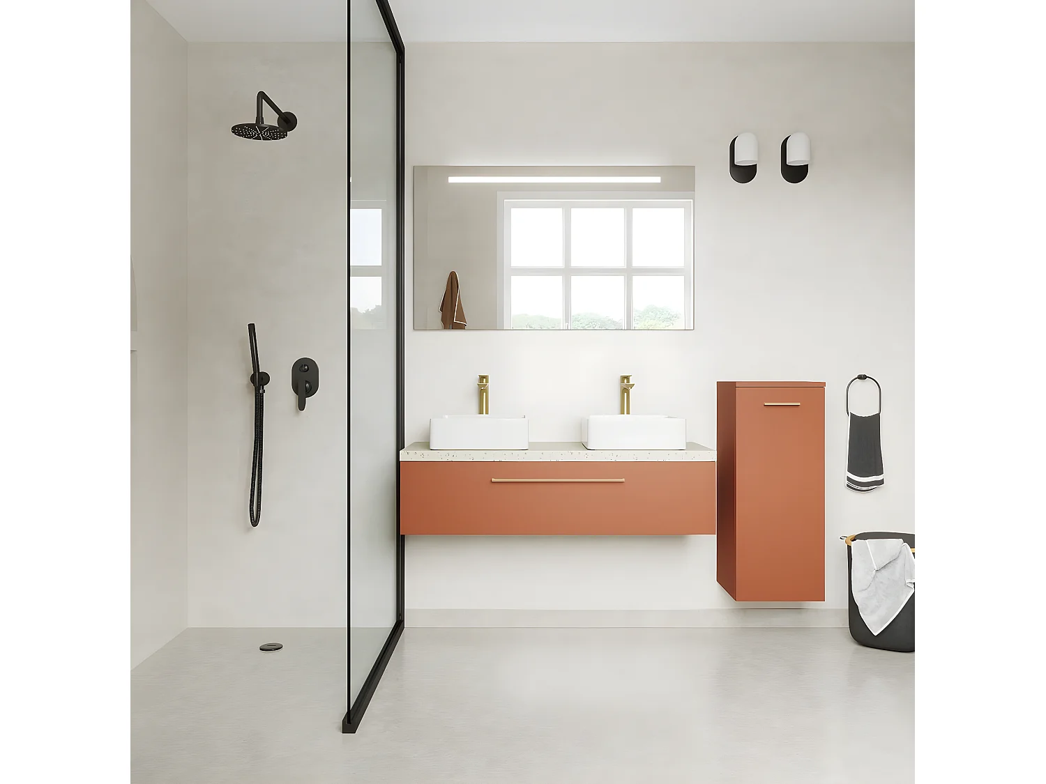 Meuble de salle de bain suspendu 2 vasques à poser 120cm 1 tiroir Terracotta + miroir + colonne ouverture droite - Glasgow