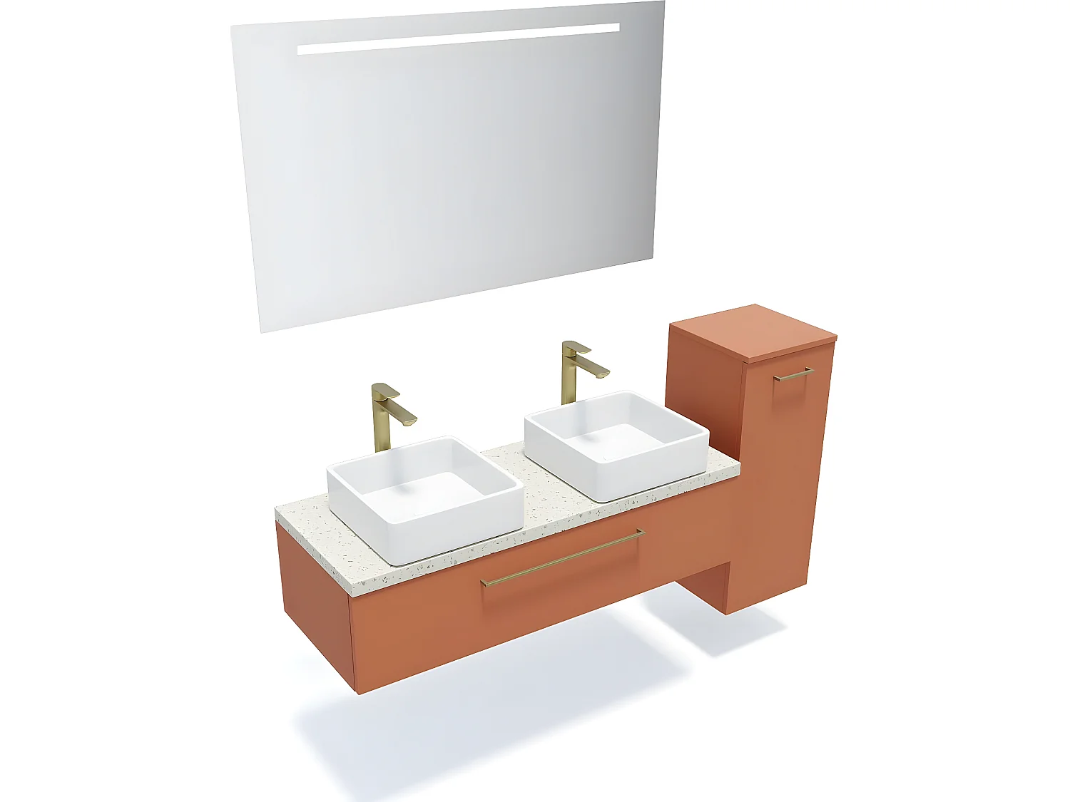 Meuble de salle de bain suspendu 2 vasques à poser 120cm 1 tiroir Terracotta + miroir + colonne ouverture droite - Glasgow
