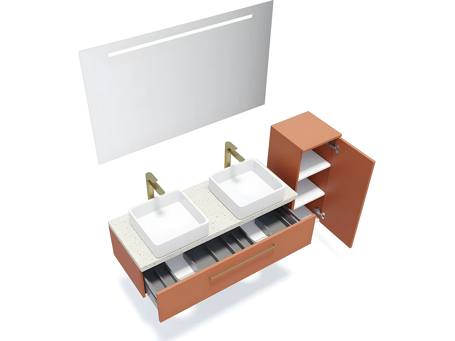 Meuble de salle de bain suspendu 2 vasques à poser 120cm 1 tiroir Terracotta + miroir + colonne ouverture droite - Glasgow