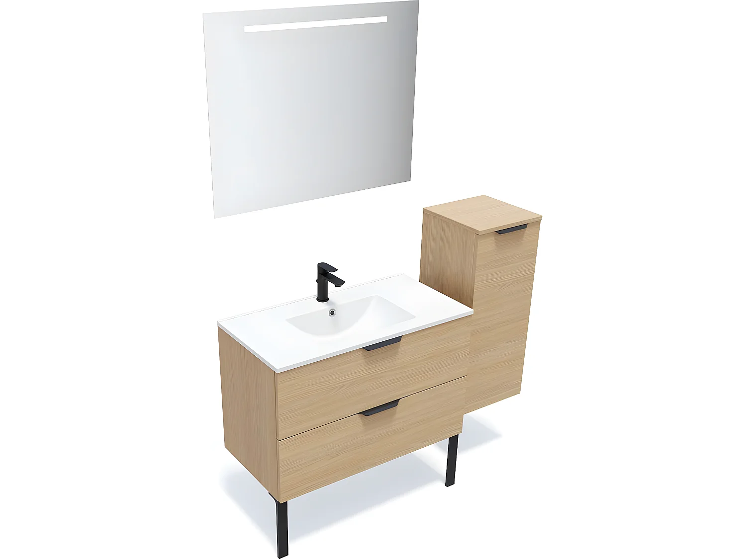 Meuble de salle de bain suspendu vasque intégrée 90cm 2 tiroirs Chêne clair + miroir + colonne ouverture droite - Venice