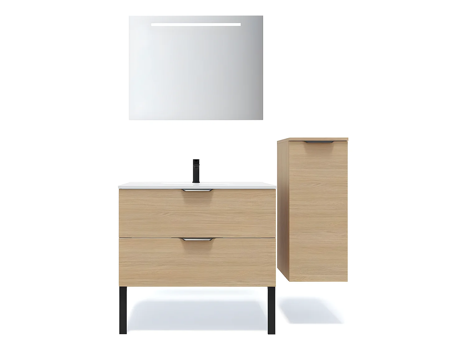 Meuble de salle de bain suspendu vasque intégrée 90cm 2 tiroirs Chêne clair + miroir + colonne ouverture droite - Venice
