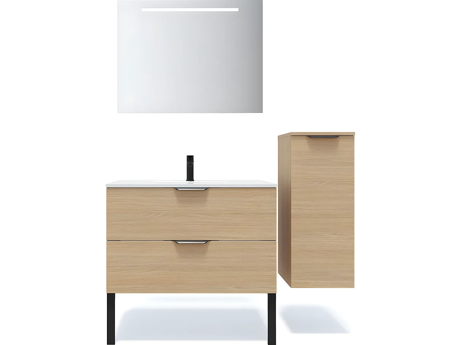 Meuble de salle de bain suspendu vasque intégrée 90cm 2 tiroirs Chêne clair + miroir + colonne ouverture droite - Venice