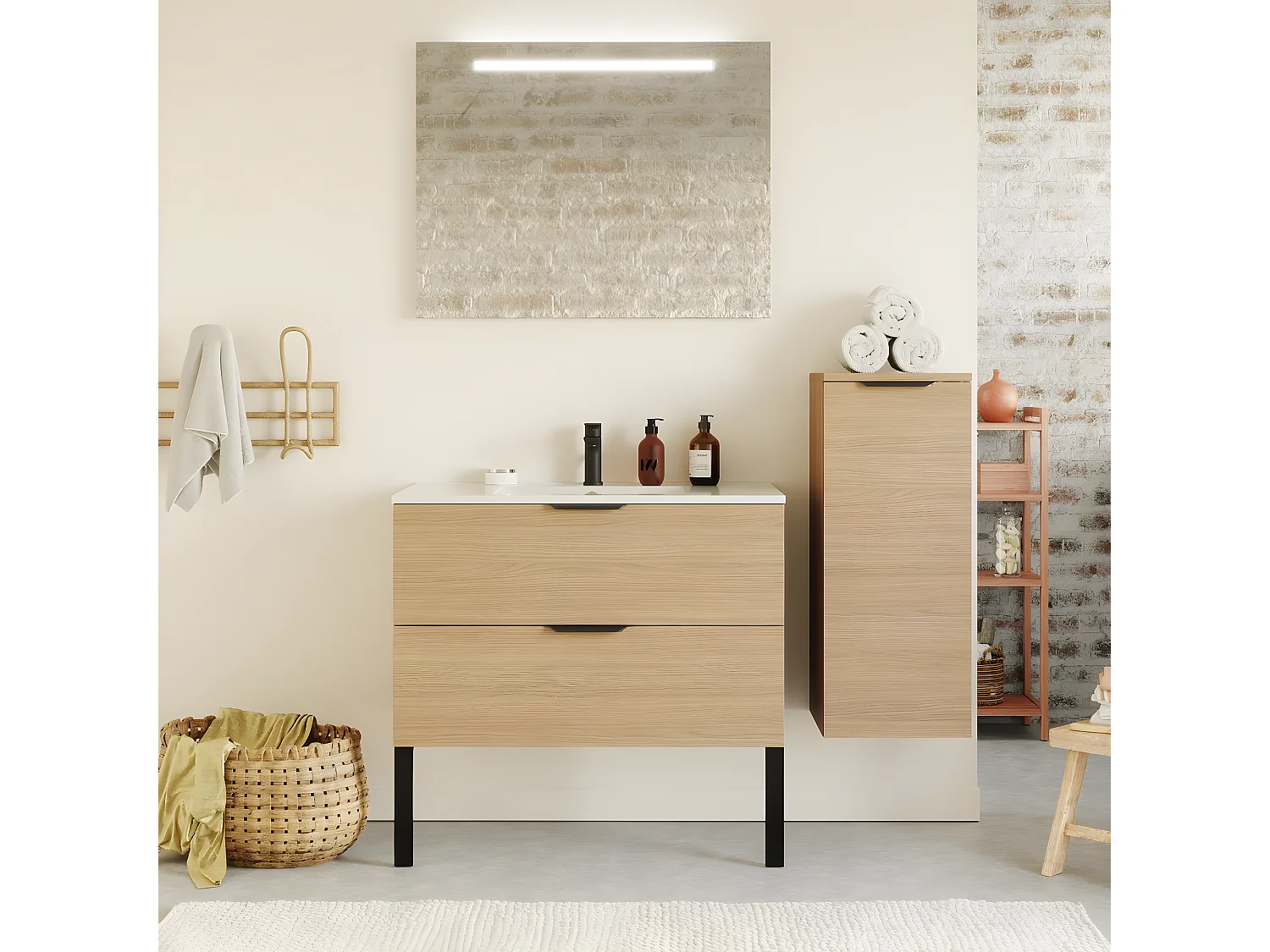 Meuble de salle de bain suspendu vasque intégrée 90cm 2 tiroirs Chêne clair + miroir + colonne ouverture droite - Venice