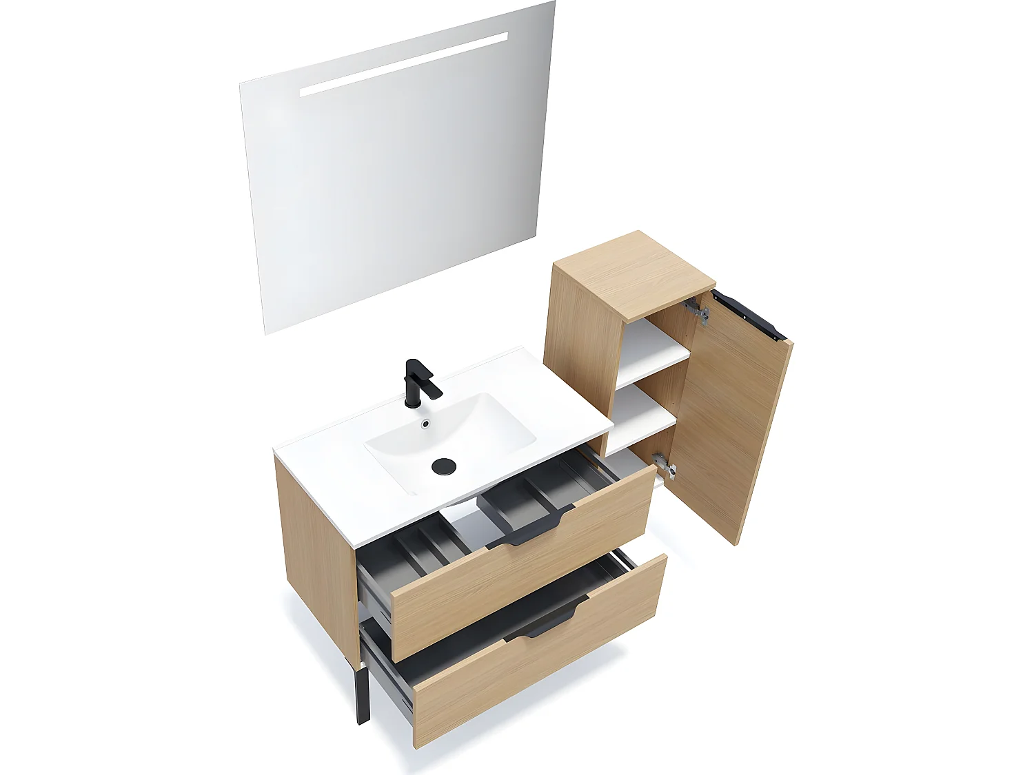 Meuble de salle de bain suspendu vasque intégrée 90cm 2 tiroirs Chêne clair + miroir + colonne ouverture droite - Venice
