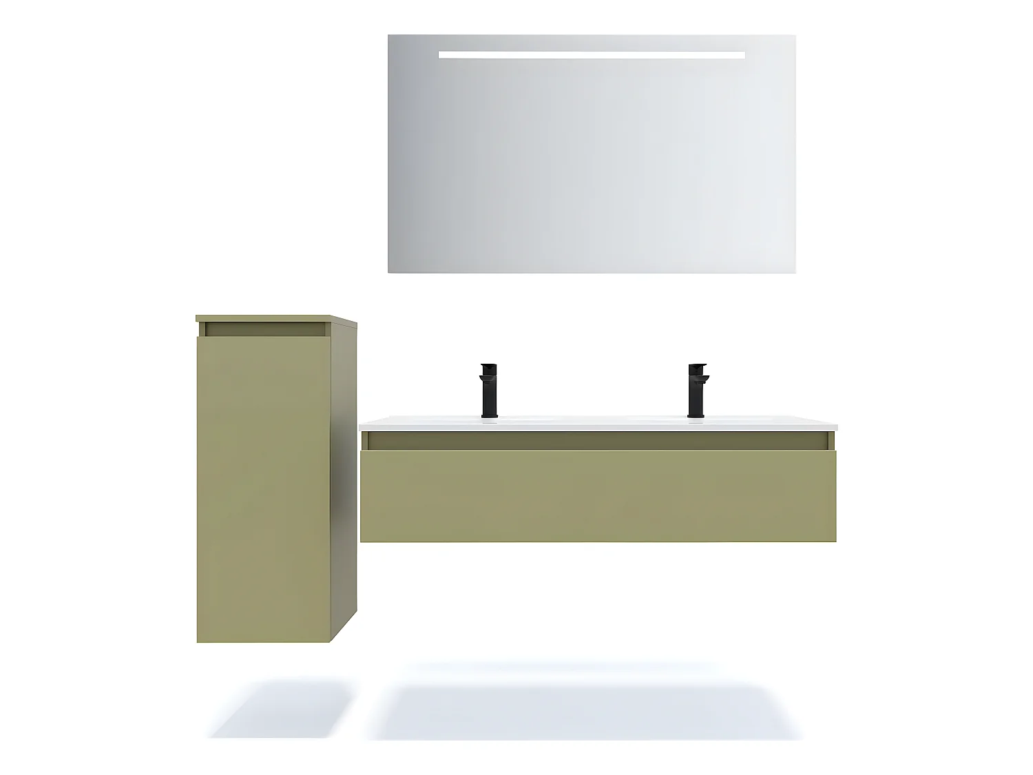 Meuble de salle de bain suspendu double vasque intégrée 120cm 1 tiroir Vert olive + miroir + colonne ouverture gauche - Hudson