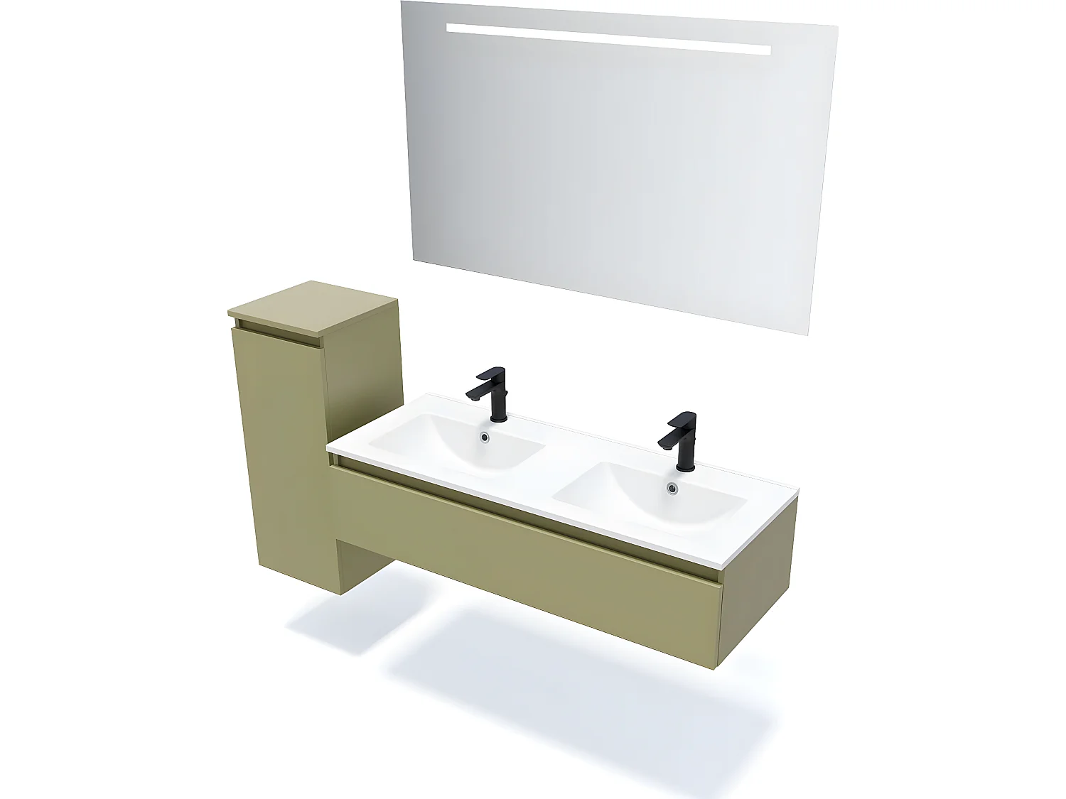 Meuble de salle de bain suspendu double vasque intégrée 120cm 1 tiroir Vert olive + miroir + colonne ouverture gauche - Hudson