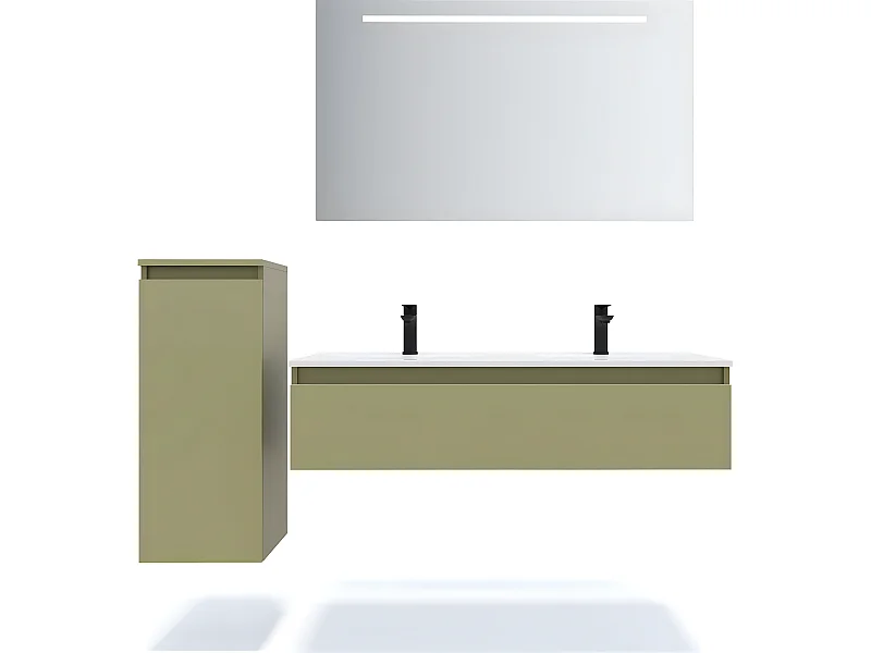 Meuble de salle de bain suspendu double vasque intégrée 120cm 1 tiroir Vert olive + miroir + colonne ouverture gauche - Hudson