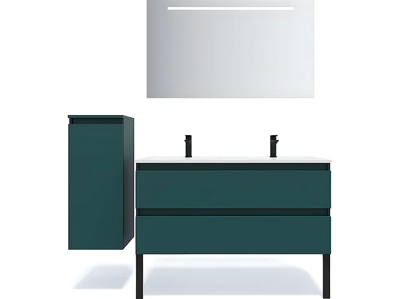 Meuble de salle de bain suspendu 2 vasques à poser 120cm 2 tiroirs Bleu + miroir + colonne ouverture gauche - Hudson