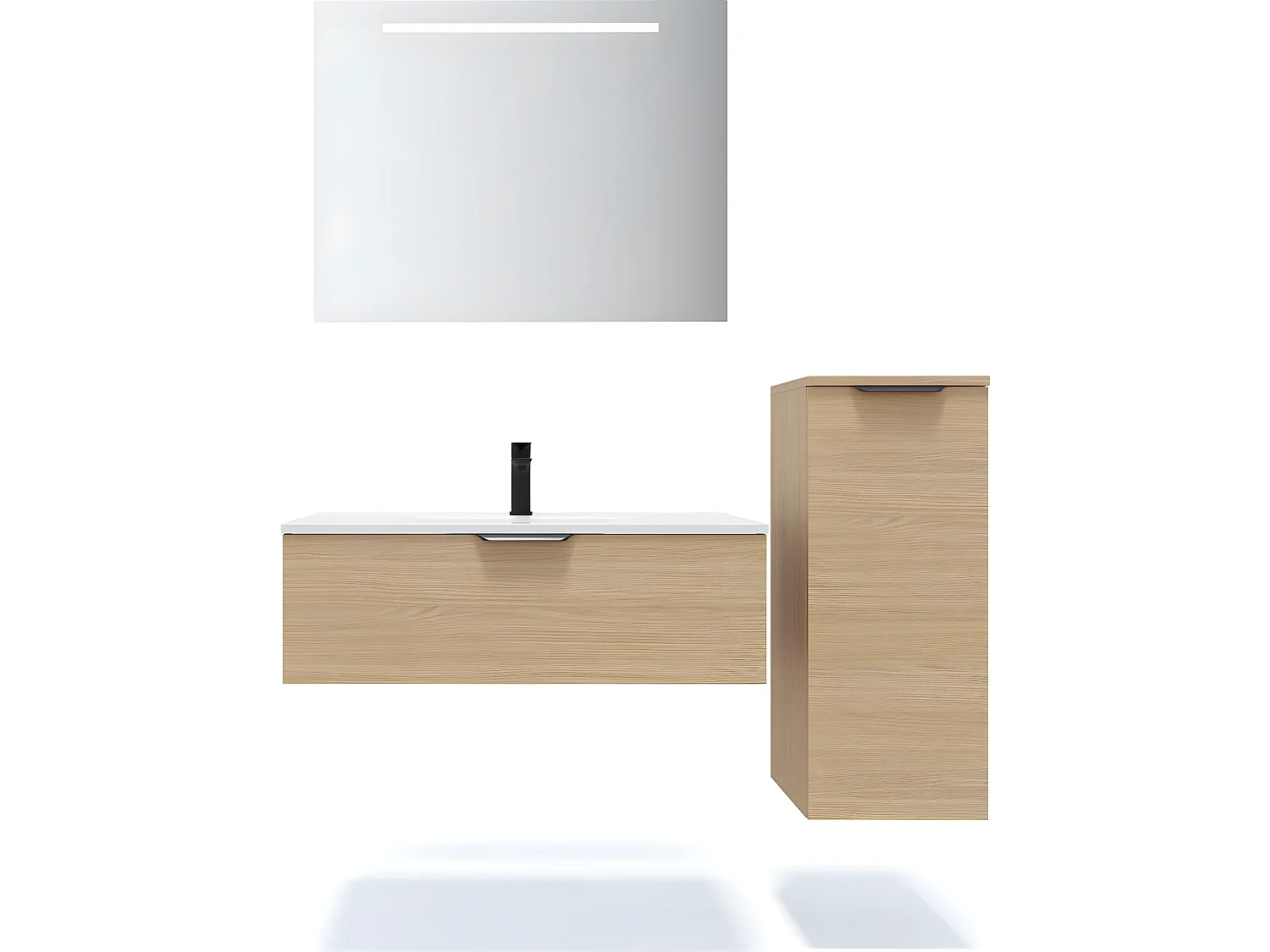 Meuble de salle de bain suspendu vasque intégrée 90cm 1 tiroir Chêne clair + miroir + colonne ouverture droite - Venice
